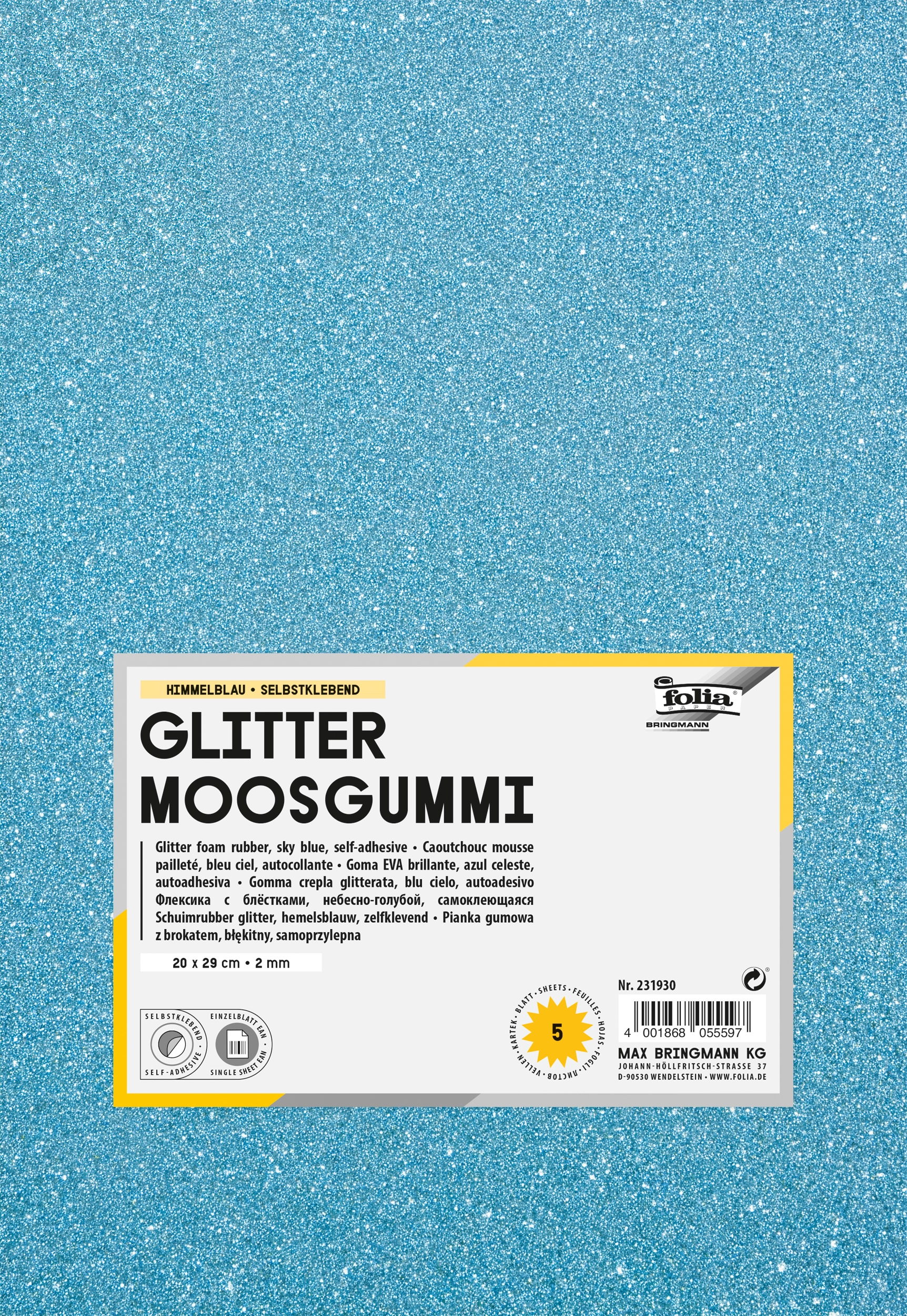 Glitter Moosgummi , Himmelblau, selbstklebend, 20 x 29 cm, 5 Blatt
