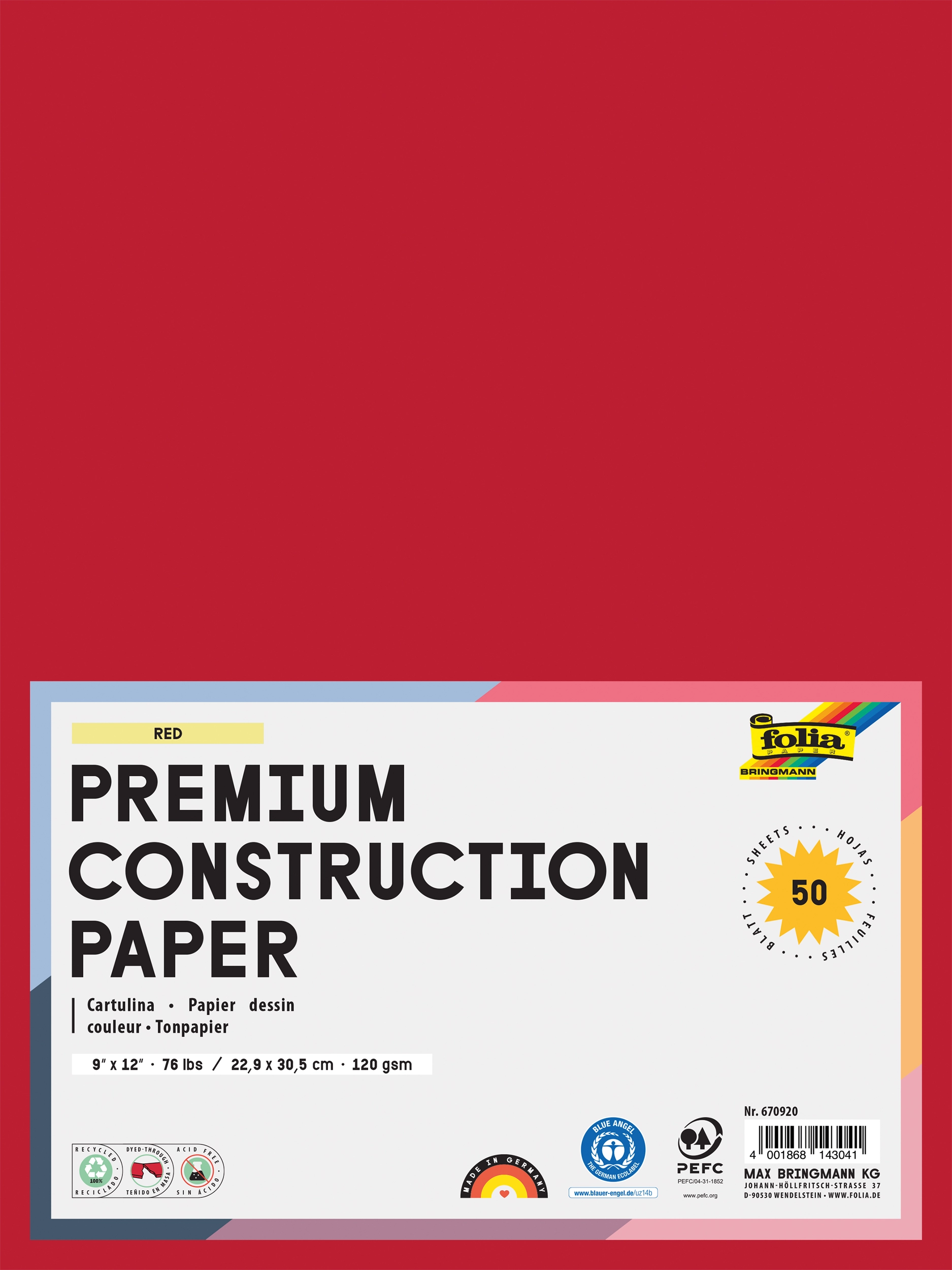 Tonpapier, Hochrot, 22,9 x 30,5 cm, 120 g/m², 50 Blatt