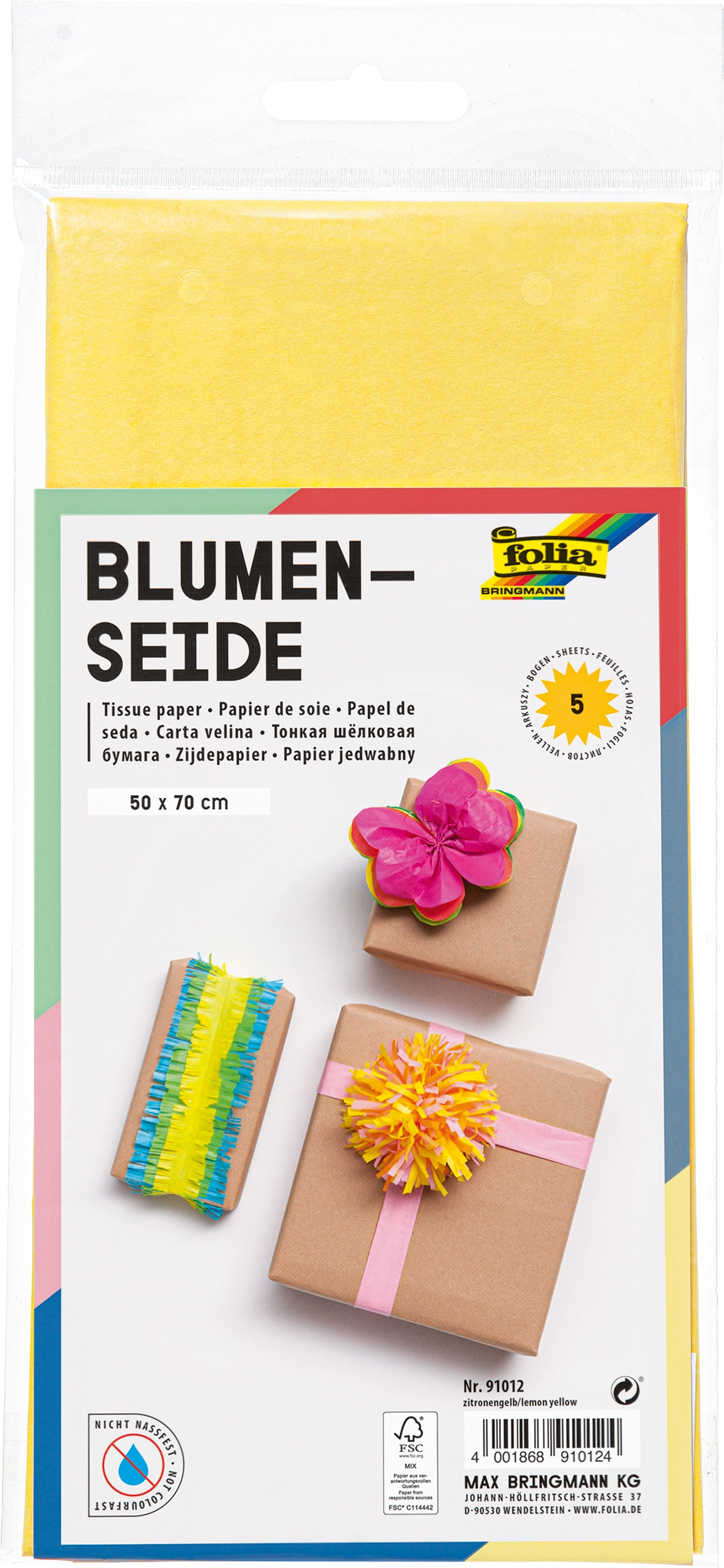 Blumenseide, Zitronengelb, 50 x 70 cm, 20 g/m², 5 Blatt