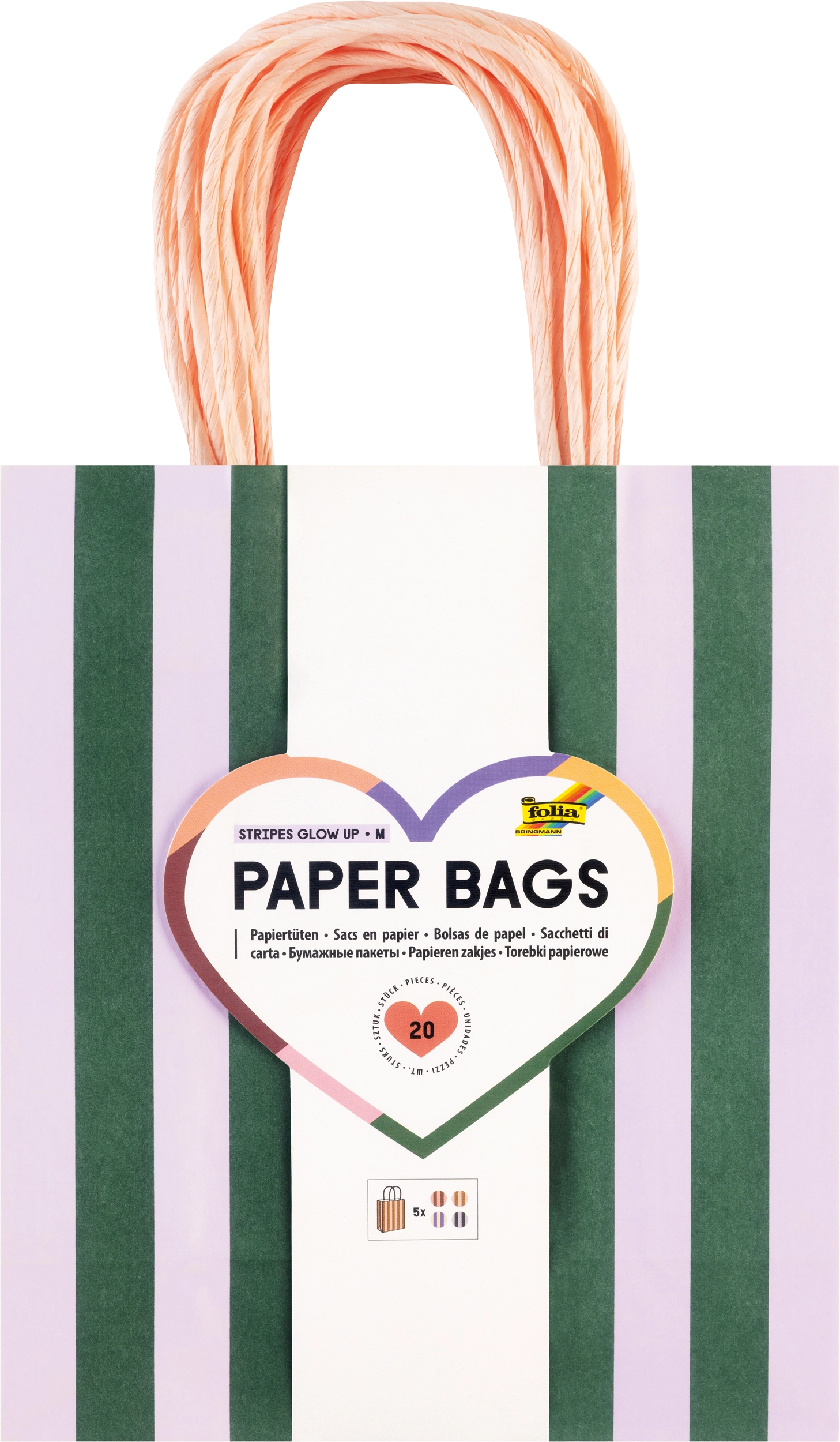 Paper Bags, Stripes, Glow Up, M, 110 g/m², 20 pieces