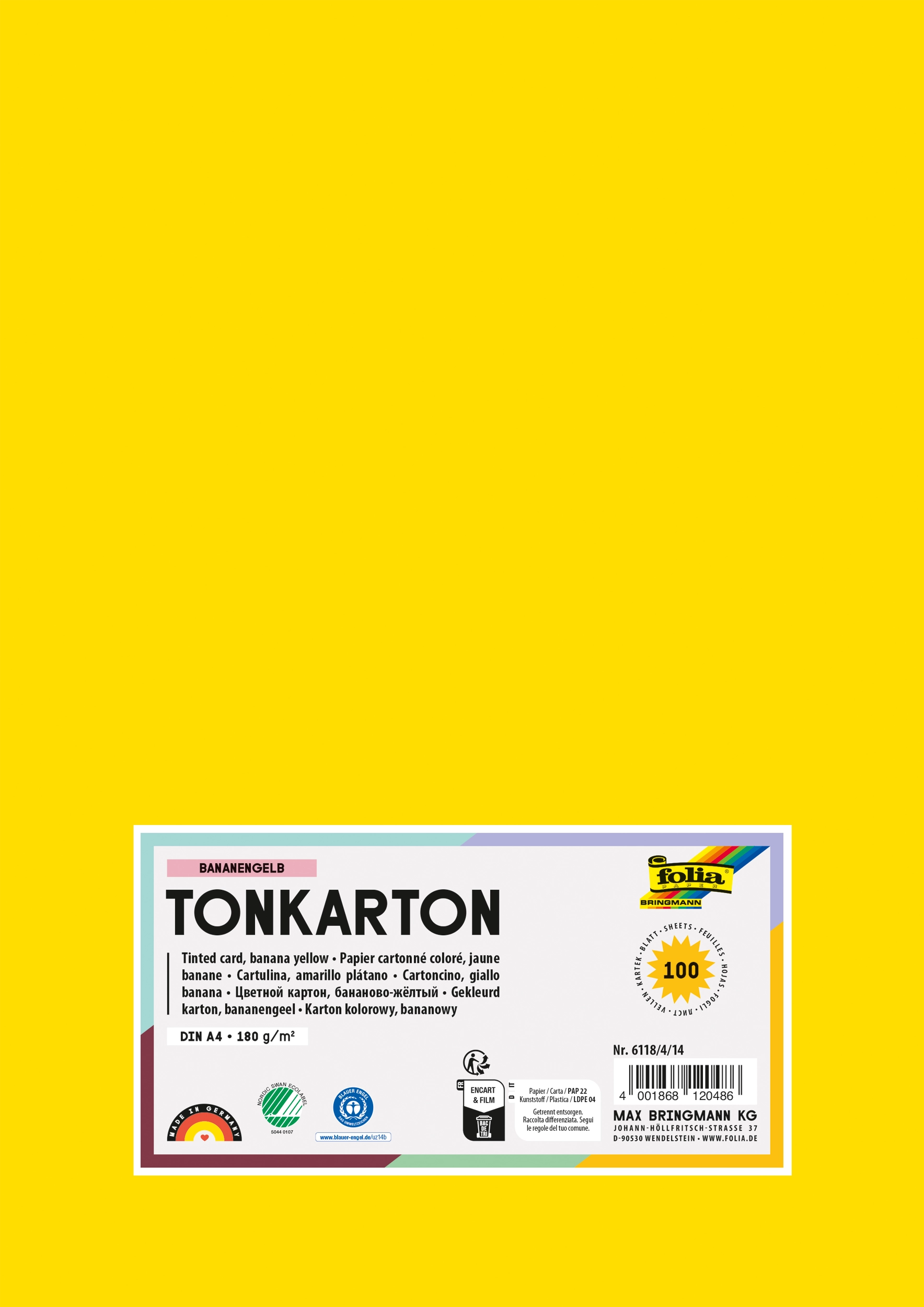Tonkarton, Bananengelb, DIN A4, 180g/m², 100 Blatt