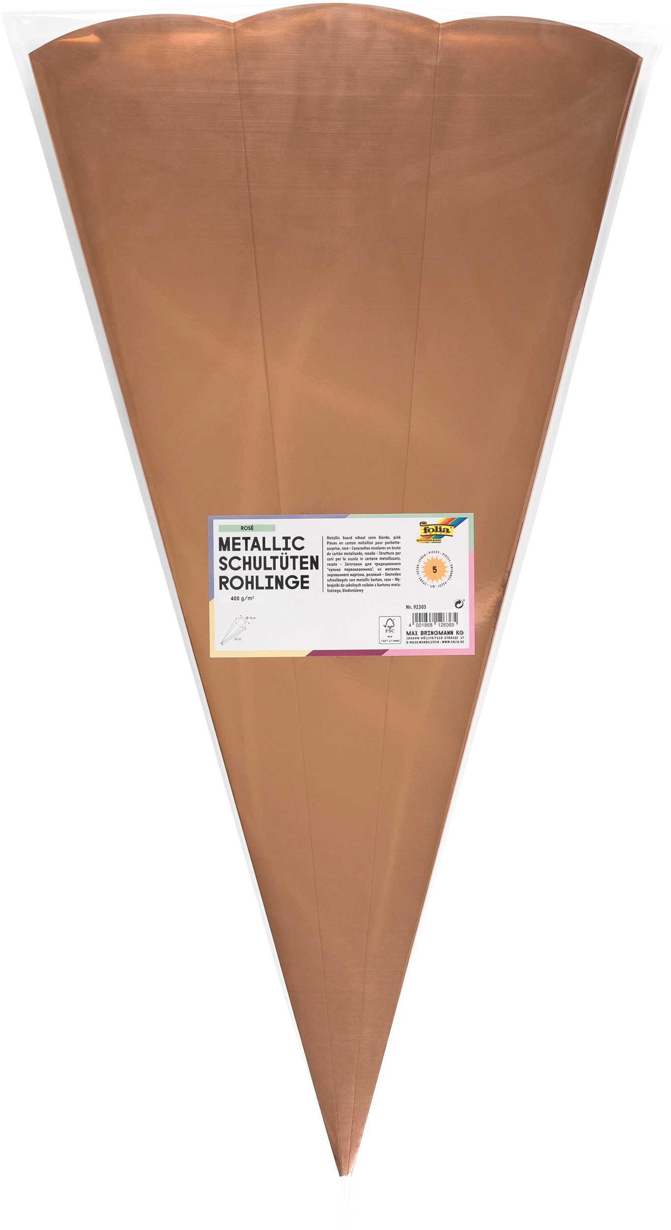 Metallic Schultüten-Rohlinge , Roségold, 400 g/m², 68 cm, 5 Stück