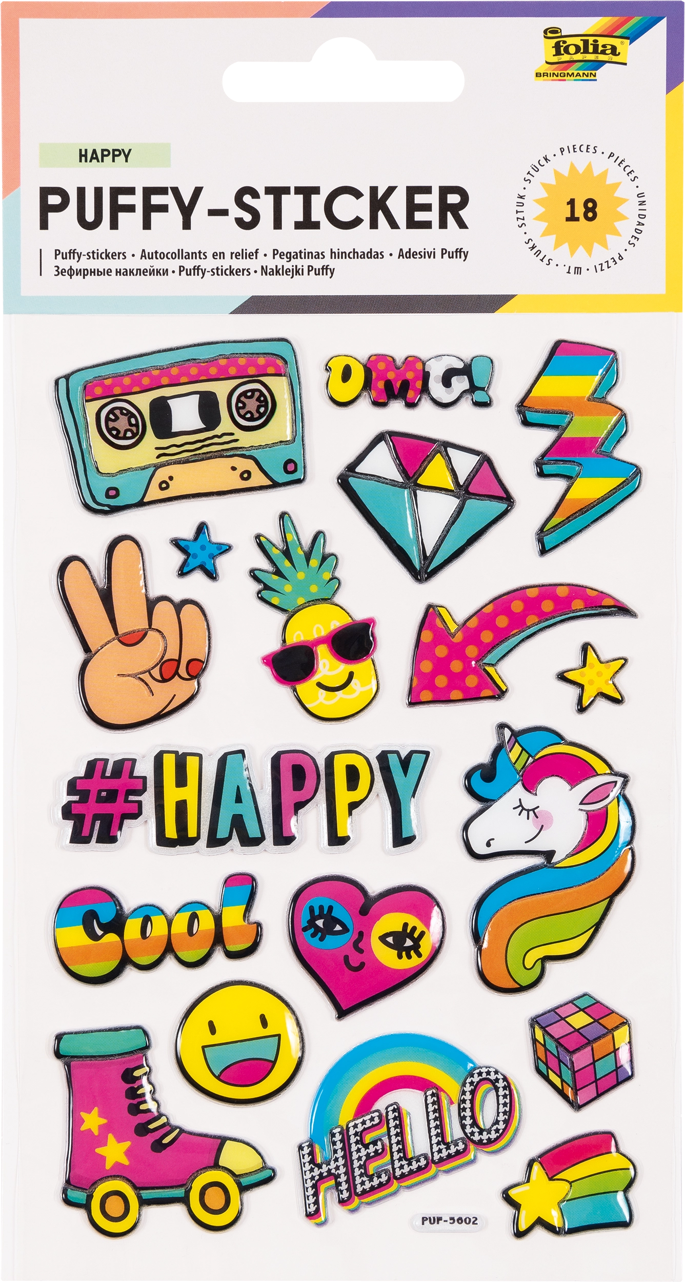 Puffy-Sticker, Happy, 18 Sticker, 1 Blatt
