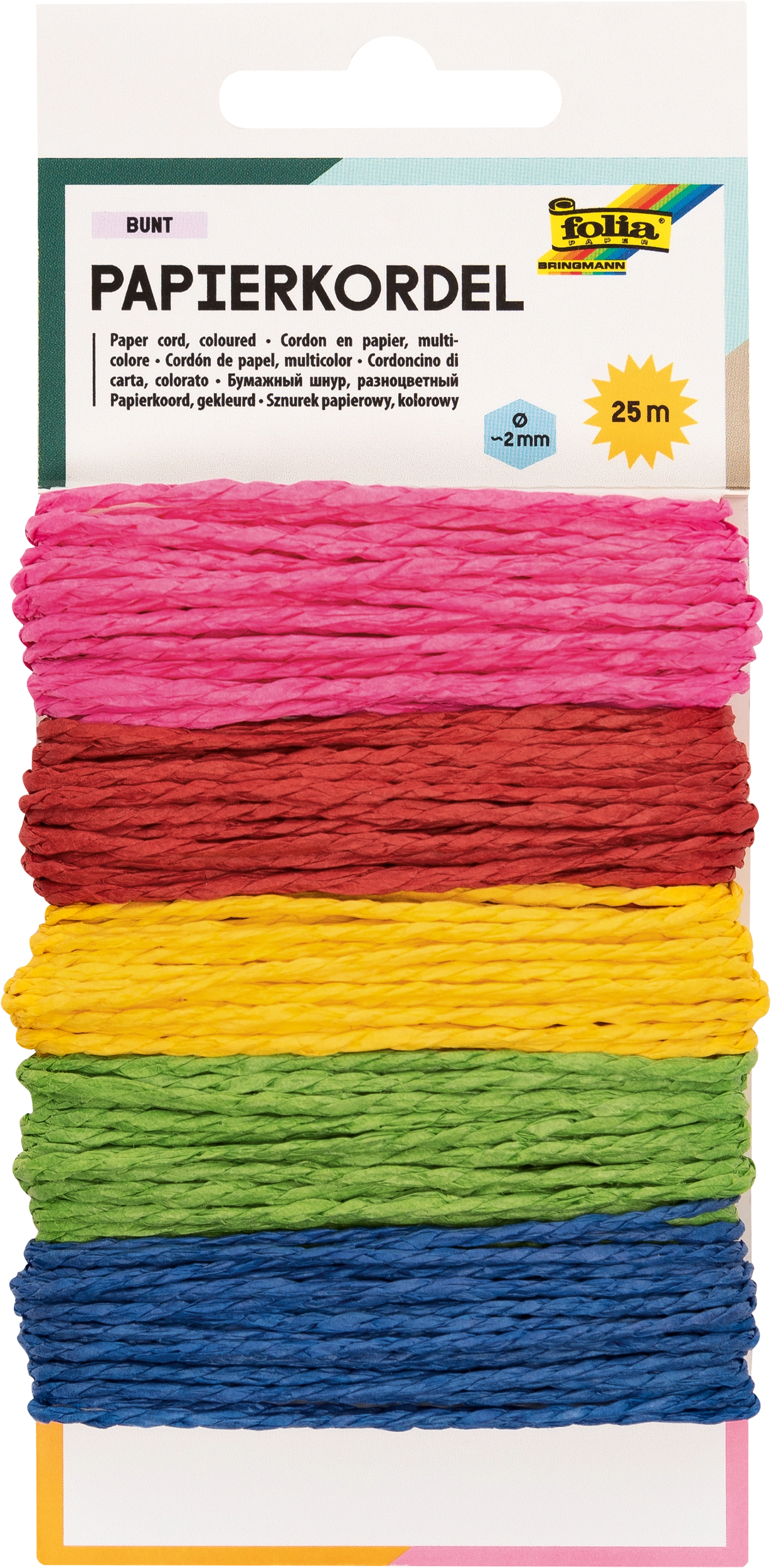 Papierkordel , Bunt, Ø 2 mm, 5 x 5 m, 5 Stück