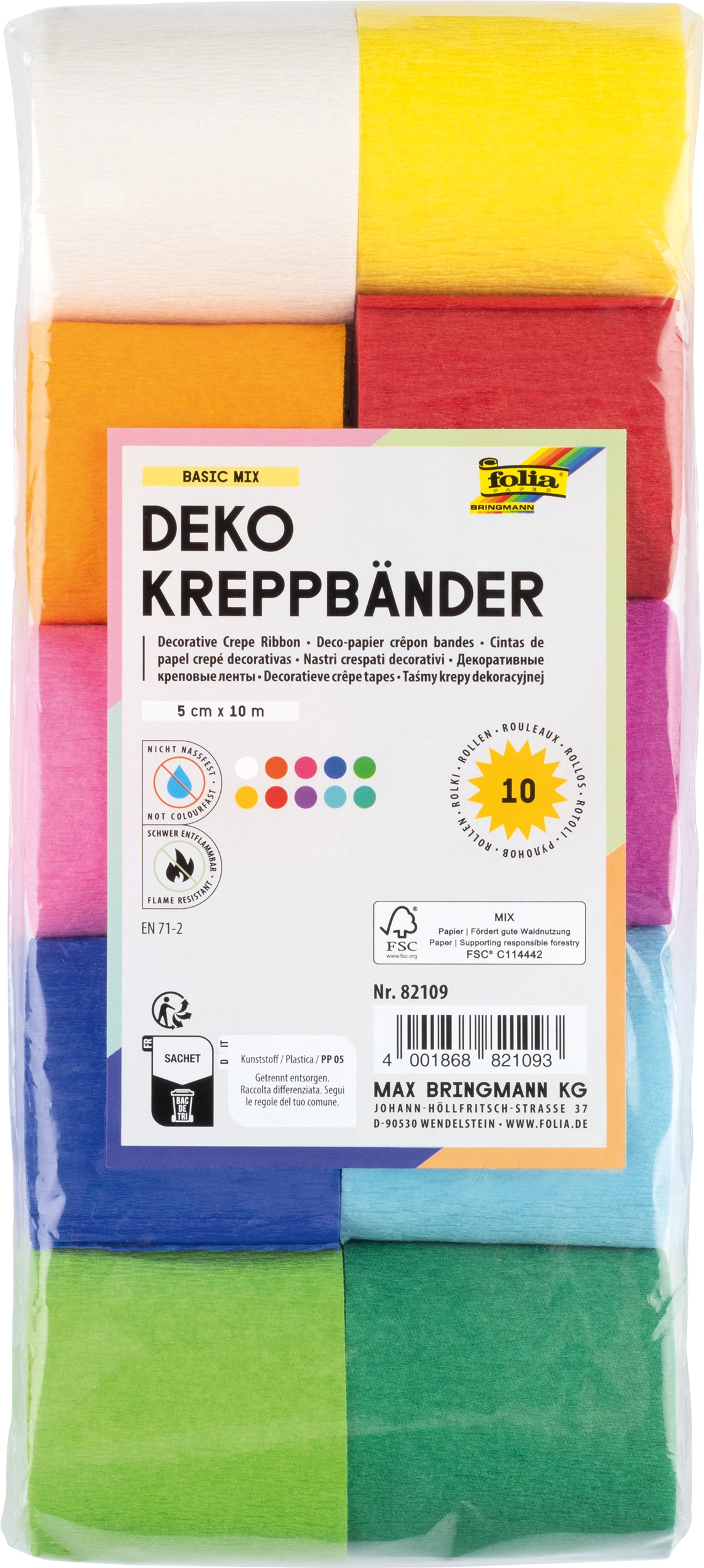 Deko Kreppbänder, Basic Mix, 5 cm x 10 m, 32 g/m², 10 Rollen