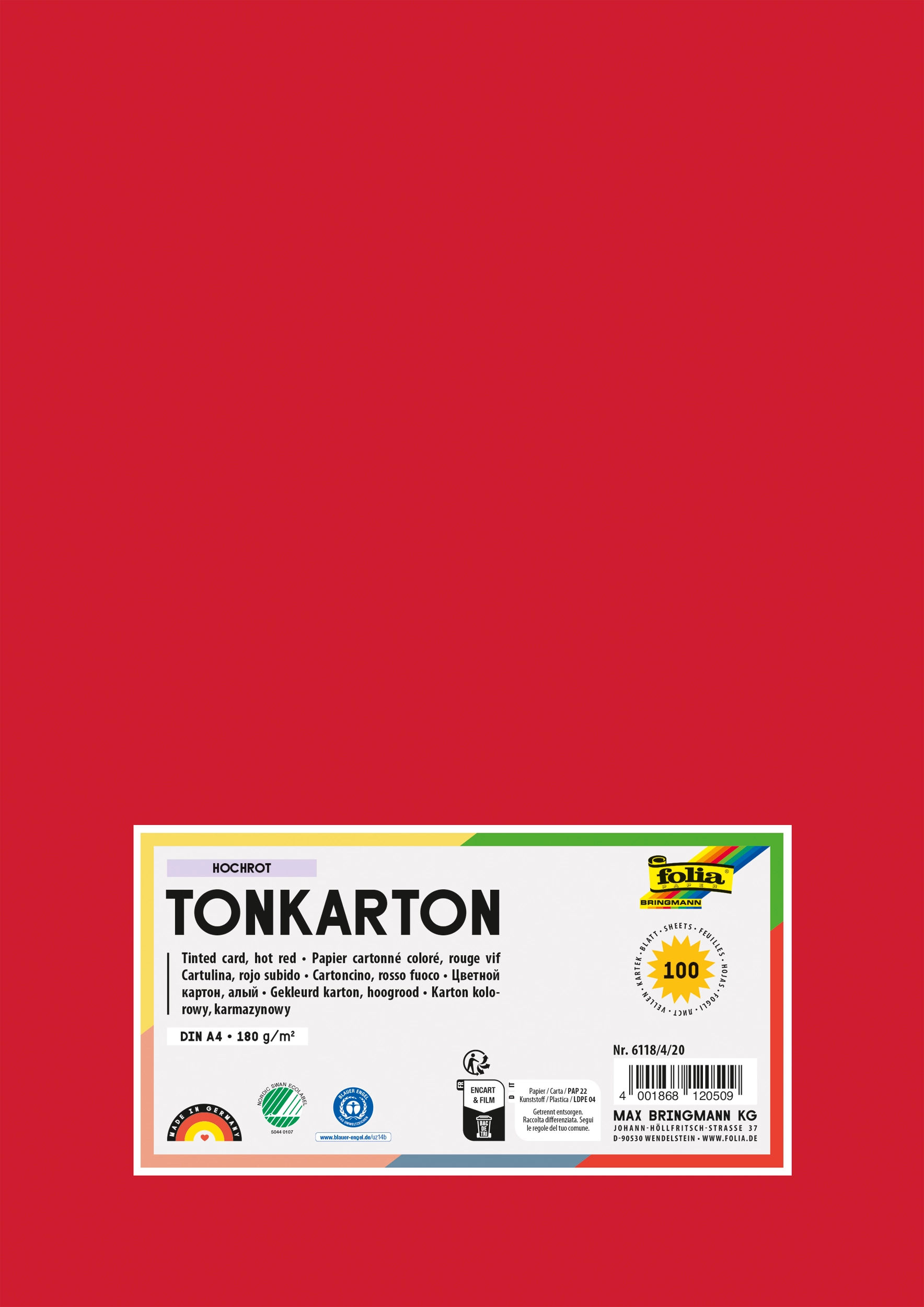 Tonkarton, Hochrot, DIN A4, 180g/m², 100 Blatt