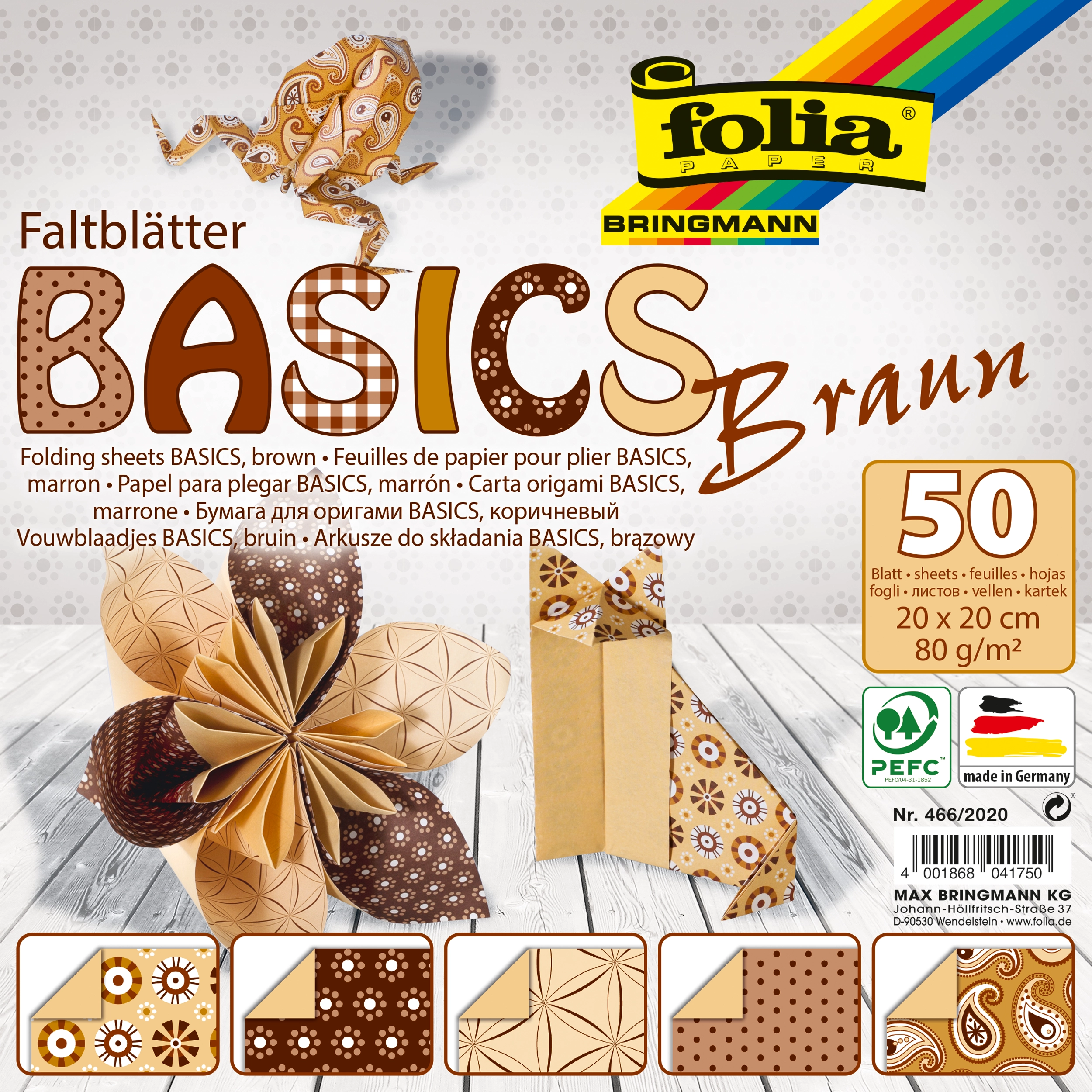 Origamipapier, Basics, Braun, 20 x 20 cm, 80 g/m², 50 Blatt