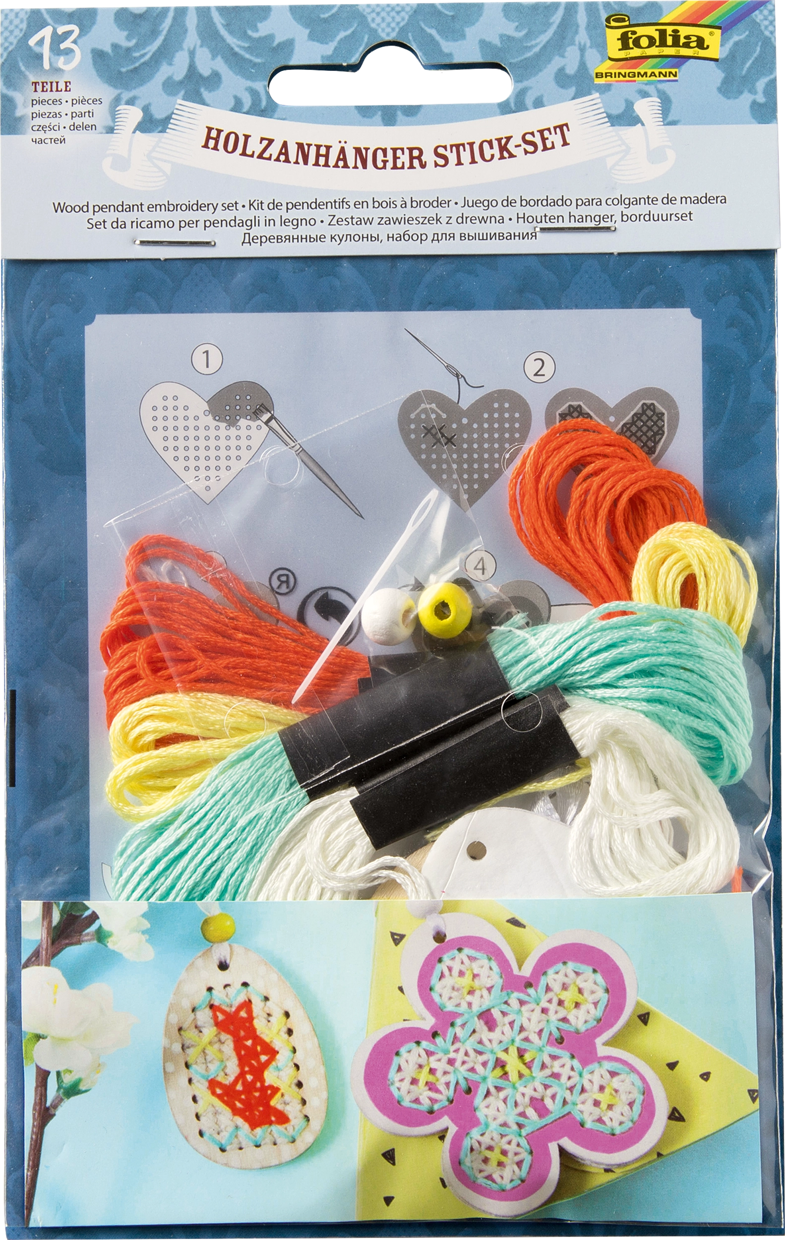 Holzanhänger Stick-Set, Blume, 13 Teile