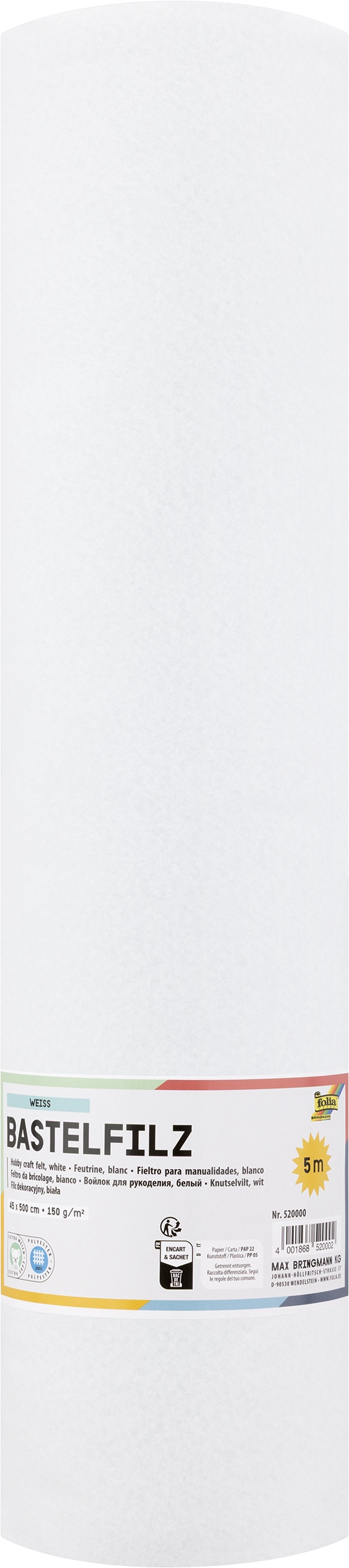 Bastelfilz, Weiß, 45 cm x 5 m, 150 g/m², 1 Rolle