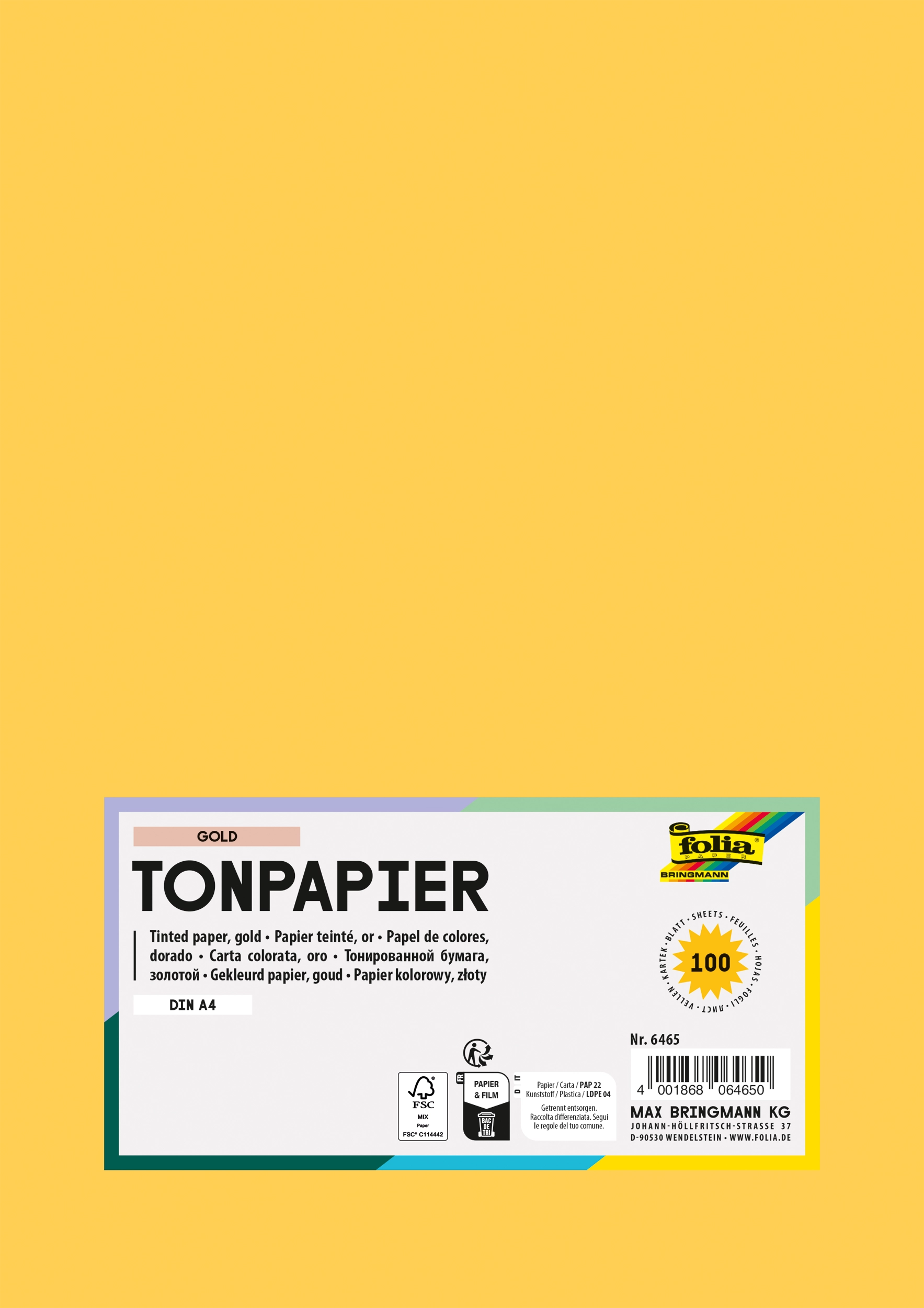 Tonpapier , Gold, DIN A4, 130 g/m², 100 Blatt