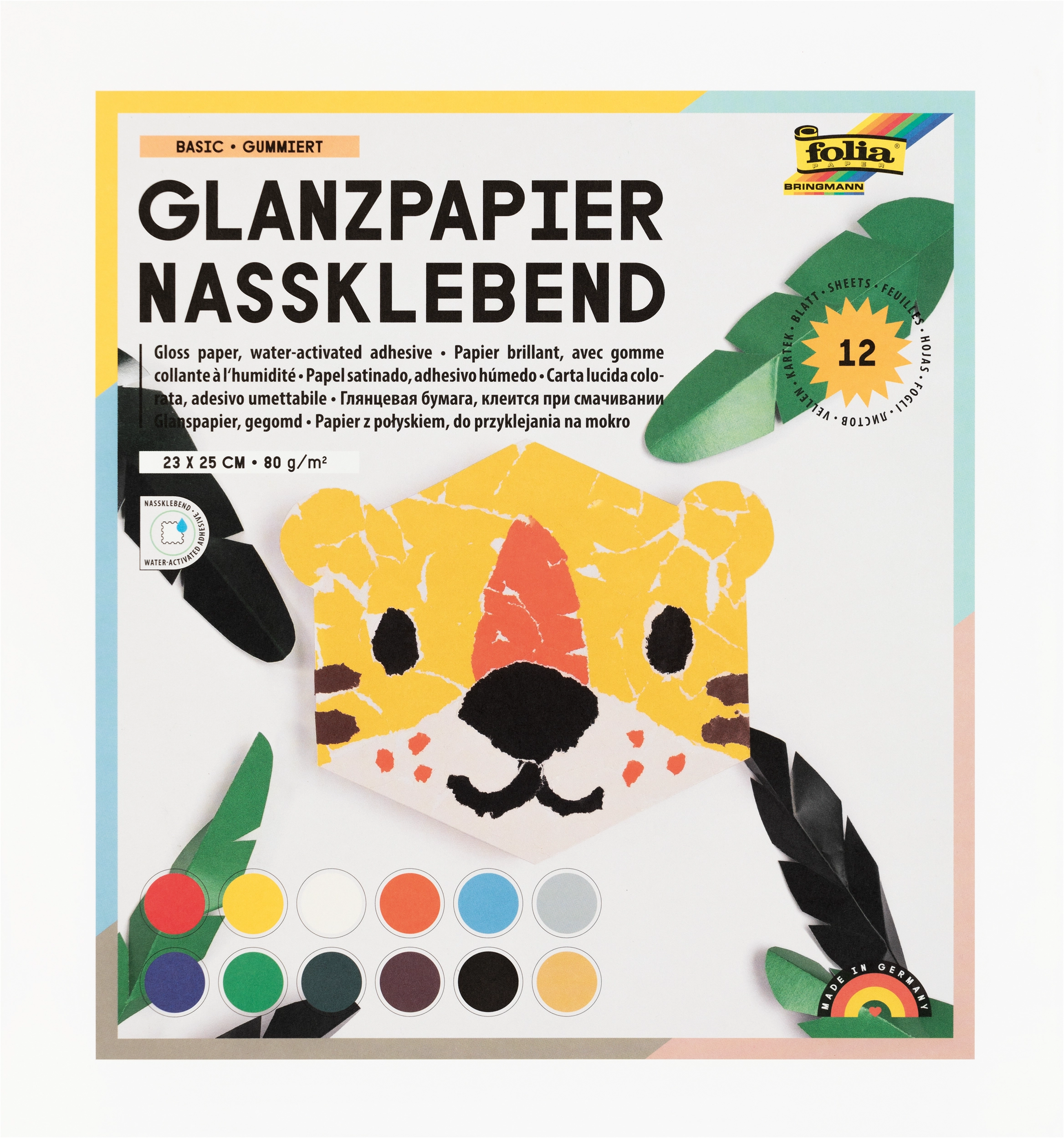 Glanzpapier Nassklebend, Basic, Gummiert, 23 x 25 cm, 80 g/m², 12 Blatt