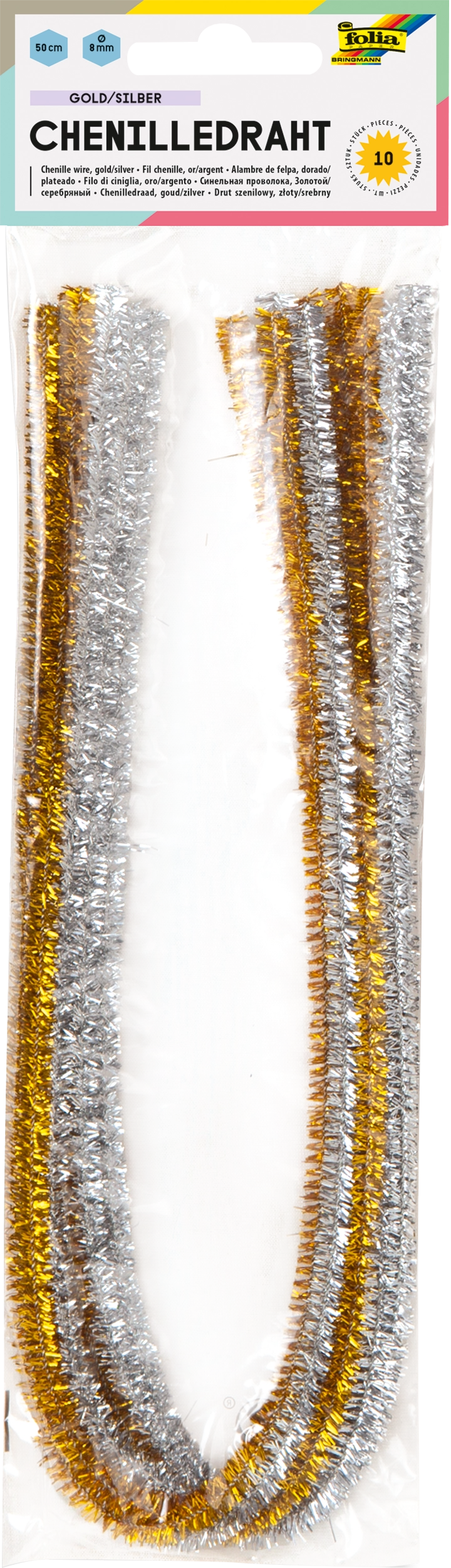 Chenille Wire, Gold & Silver, Ø 8 mm, 50 cm, 10 pieces