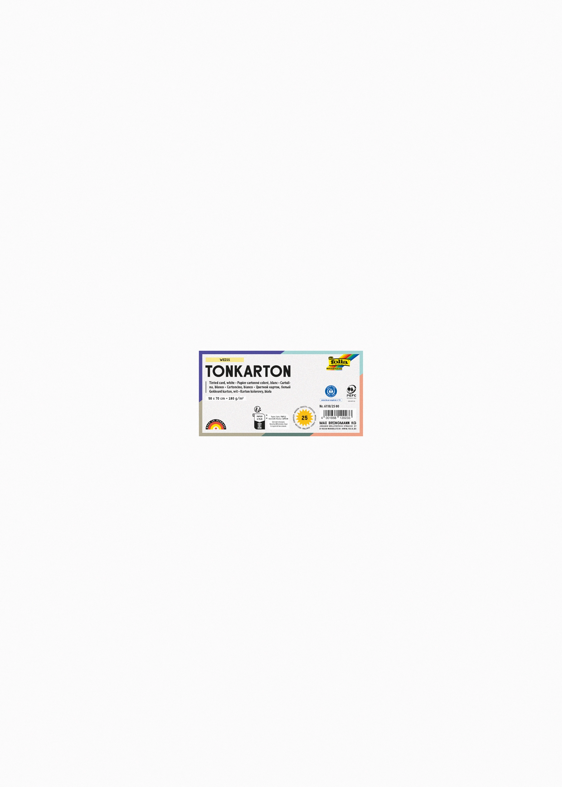 Tonkarton, Weiß, 50 x 70 cm, 180g/m², 25 Blatt