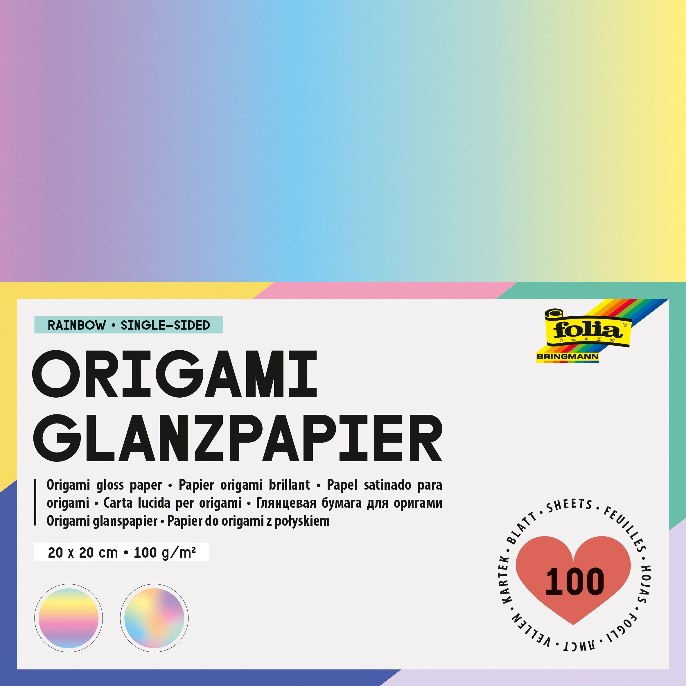 Origami paper, Rainbow, 20 x 20 cm, 100 g/m², 100 sheets