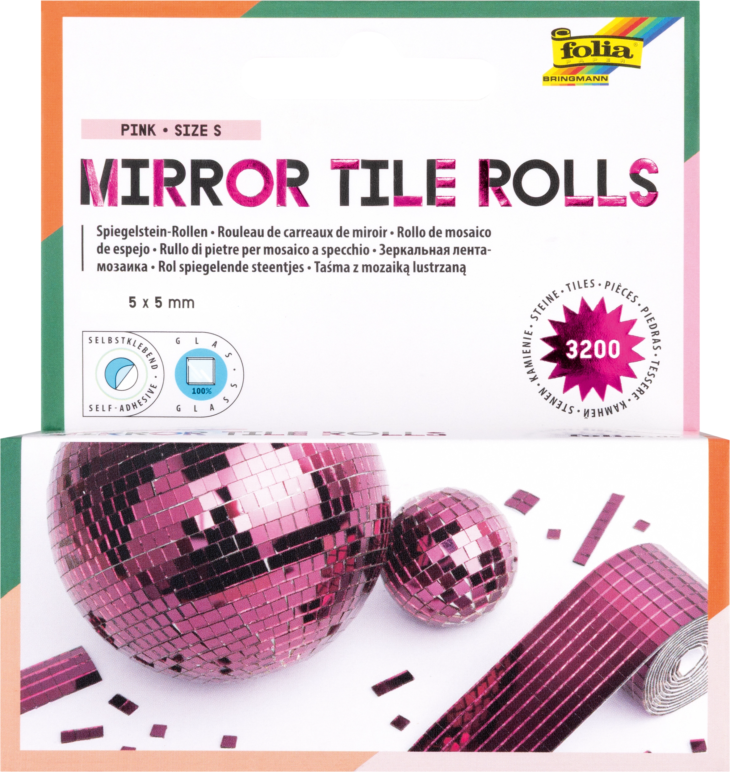 Mirror Tile Rolls, Pink, S, 5 x 5 mm, self-adhesive