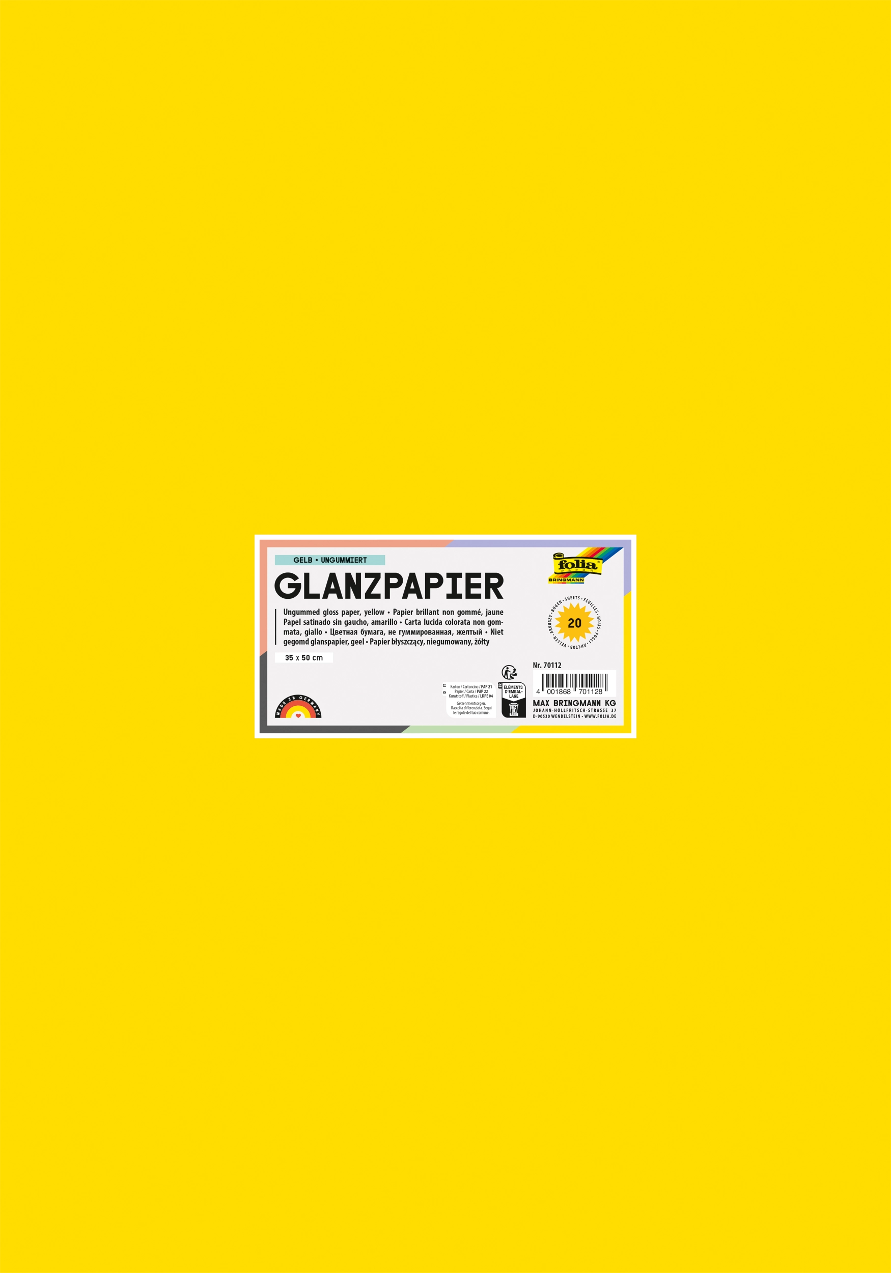 Glanzpapier, Gelb, Ungummiert, 35 x 50 cm, 80 g/m², 20 Blatt