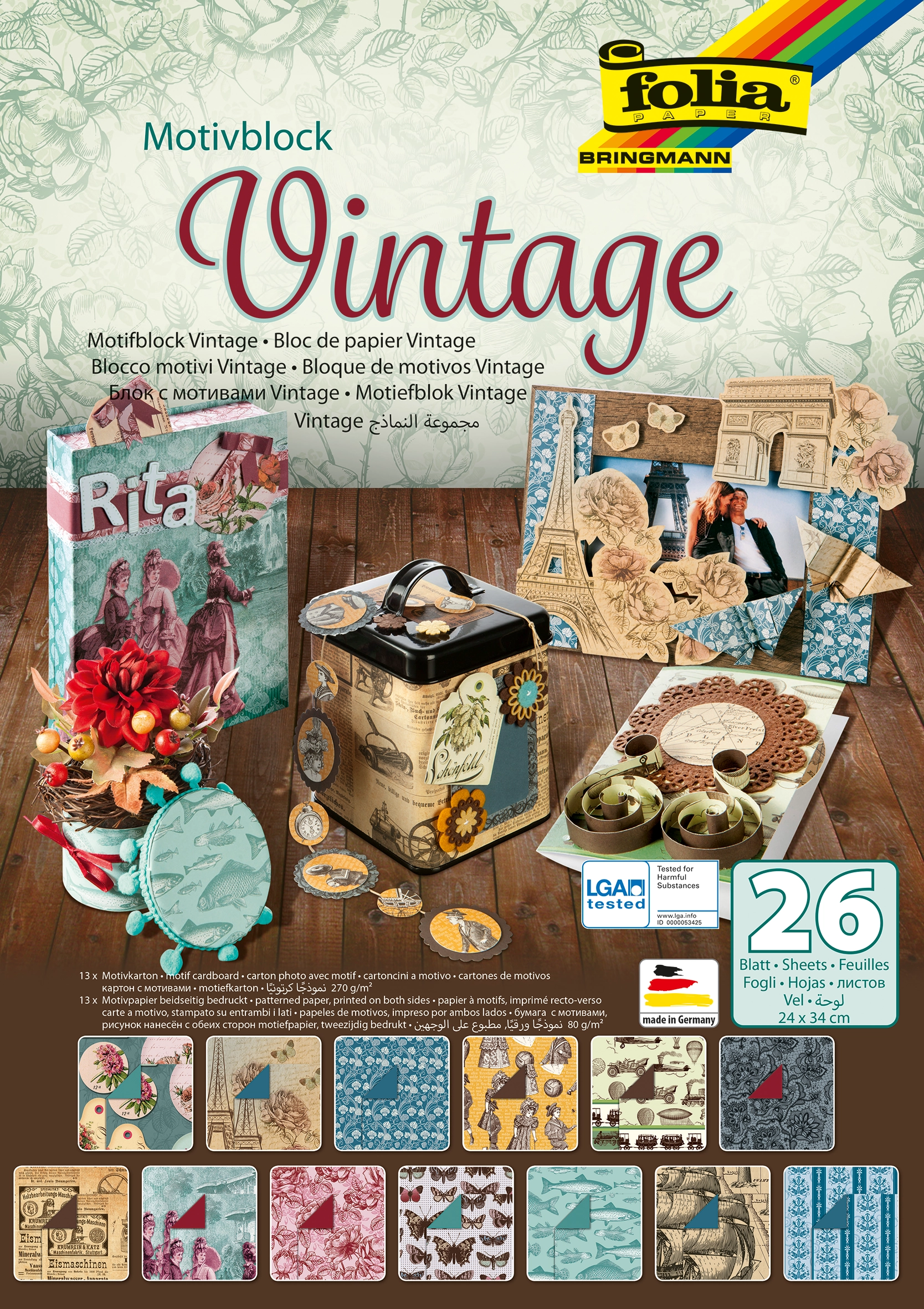 Motif Pad, Vintage, 24 x 34 cm, 80 g/m², 270 g/m², 26 sheets