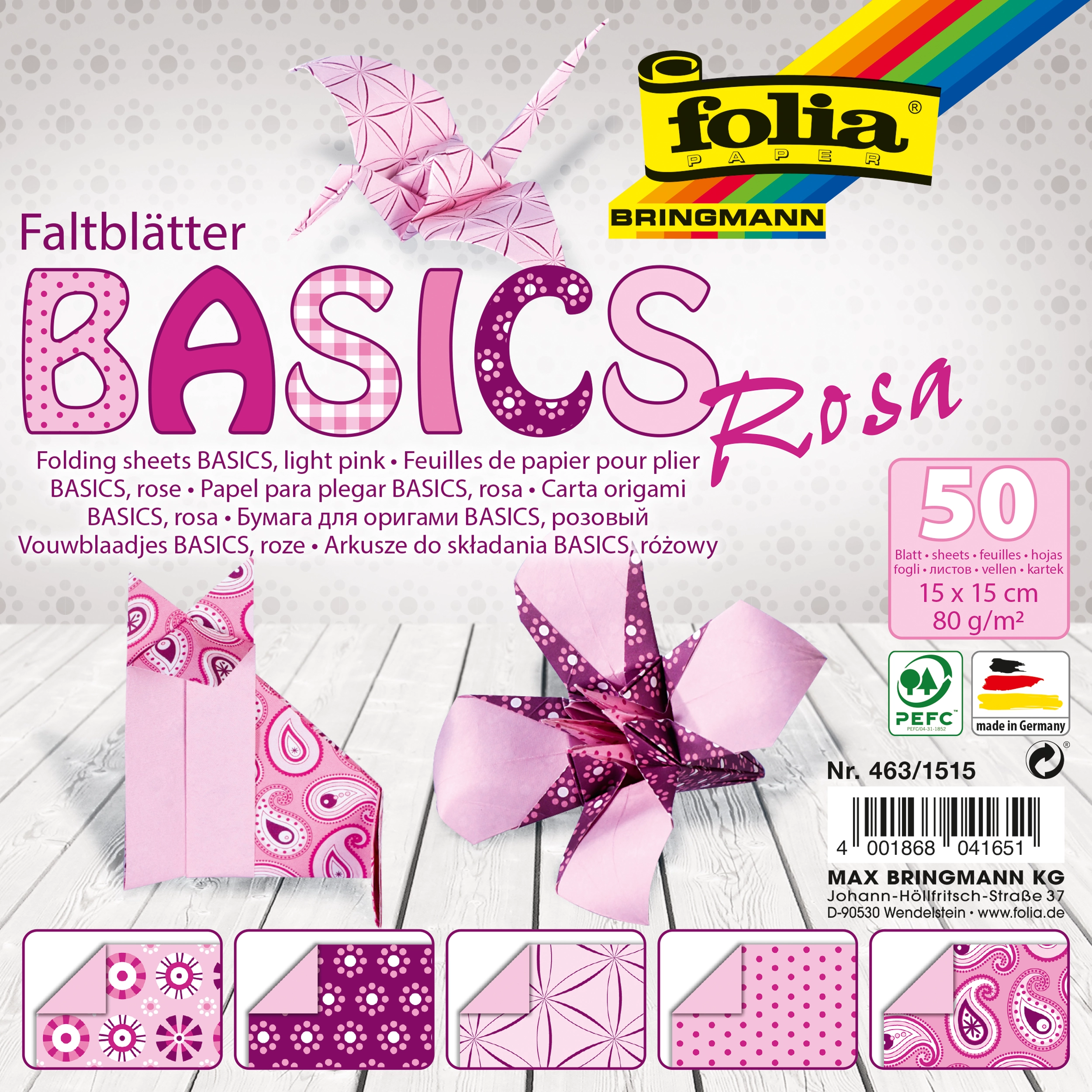 Origamipapier, Basics, Rosa, 15 x 15 cm, 80 g/m², 50 Blatt