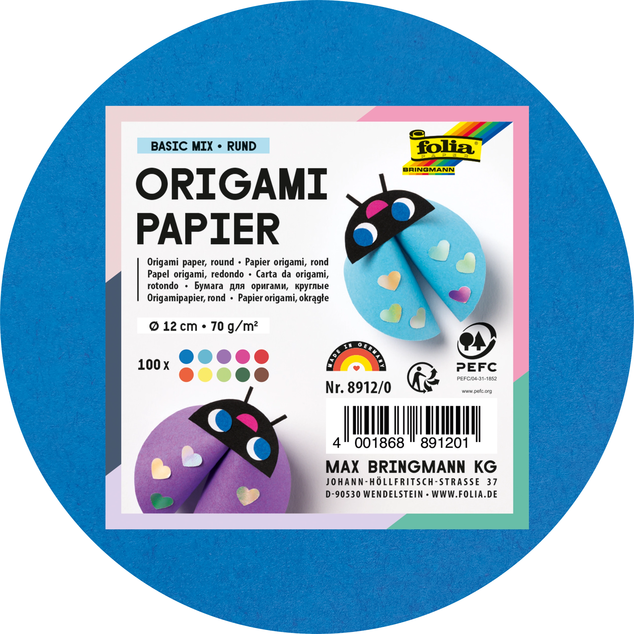 Origamipapier, Basic Mix, rund, 70 g/m², 100 Blatt