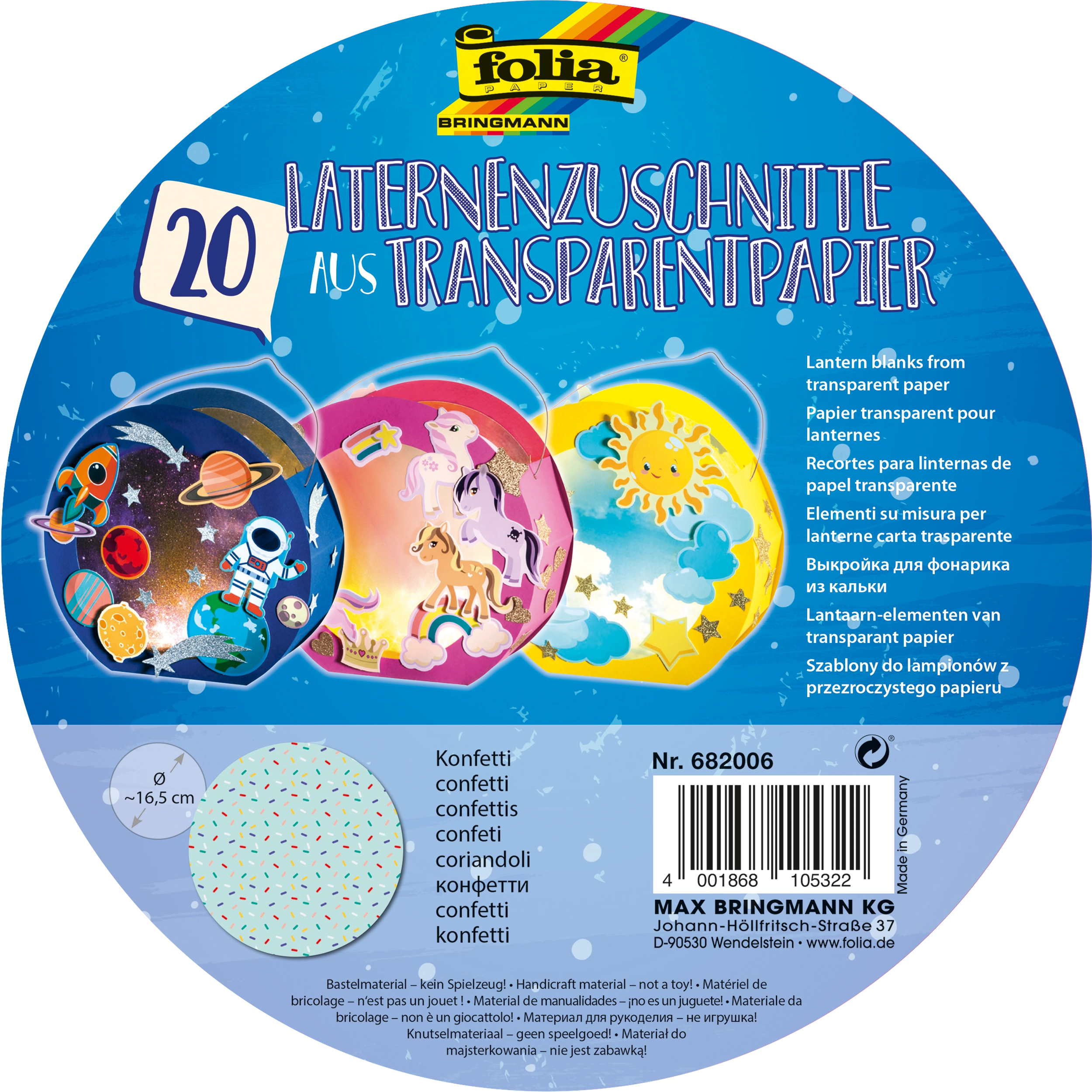 Laternenzuschnitte, Rund, Konfetti, 115 g/m², Ø 16,8 cm, 20 Blatt