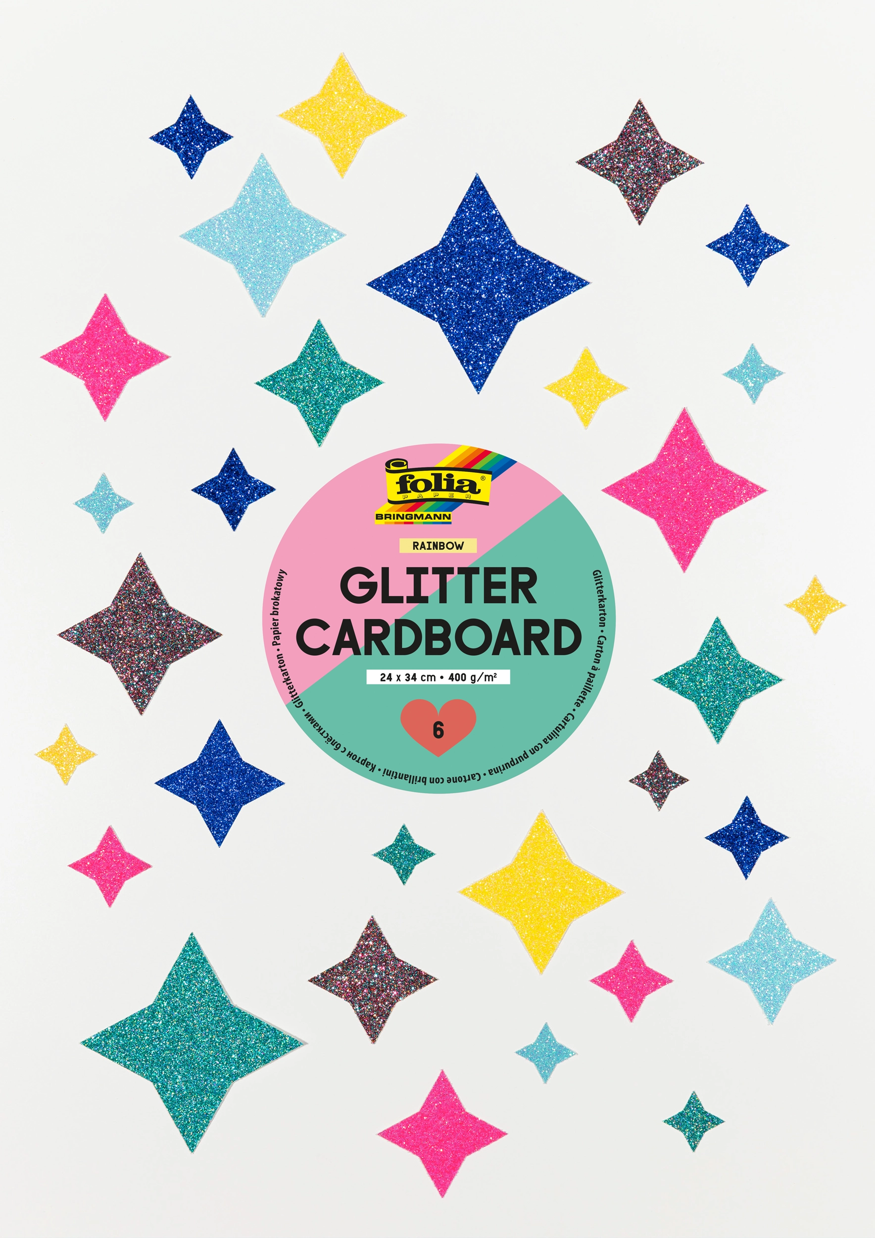 Glitter Cardboard Pad, Rainbow, 24 x 34 cm, 300 g/m², 6 sheets