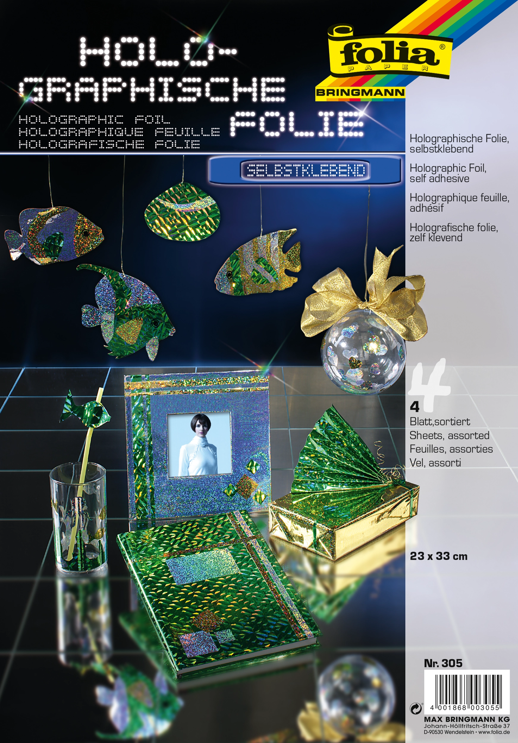 Holographische Folie, Farbig Sortiert, Selbstklebend, 23 x 33 cm, 4 Blatt