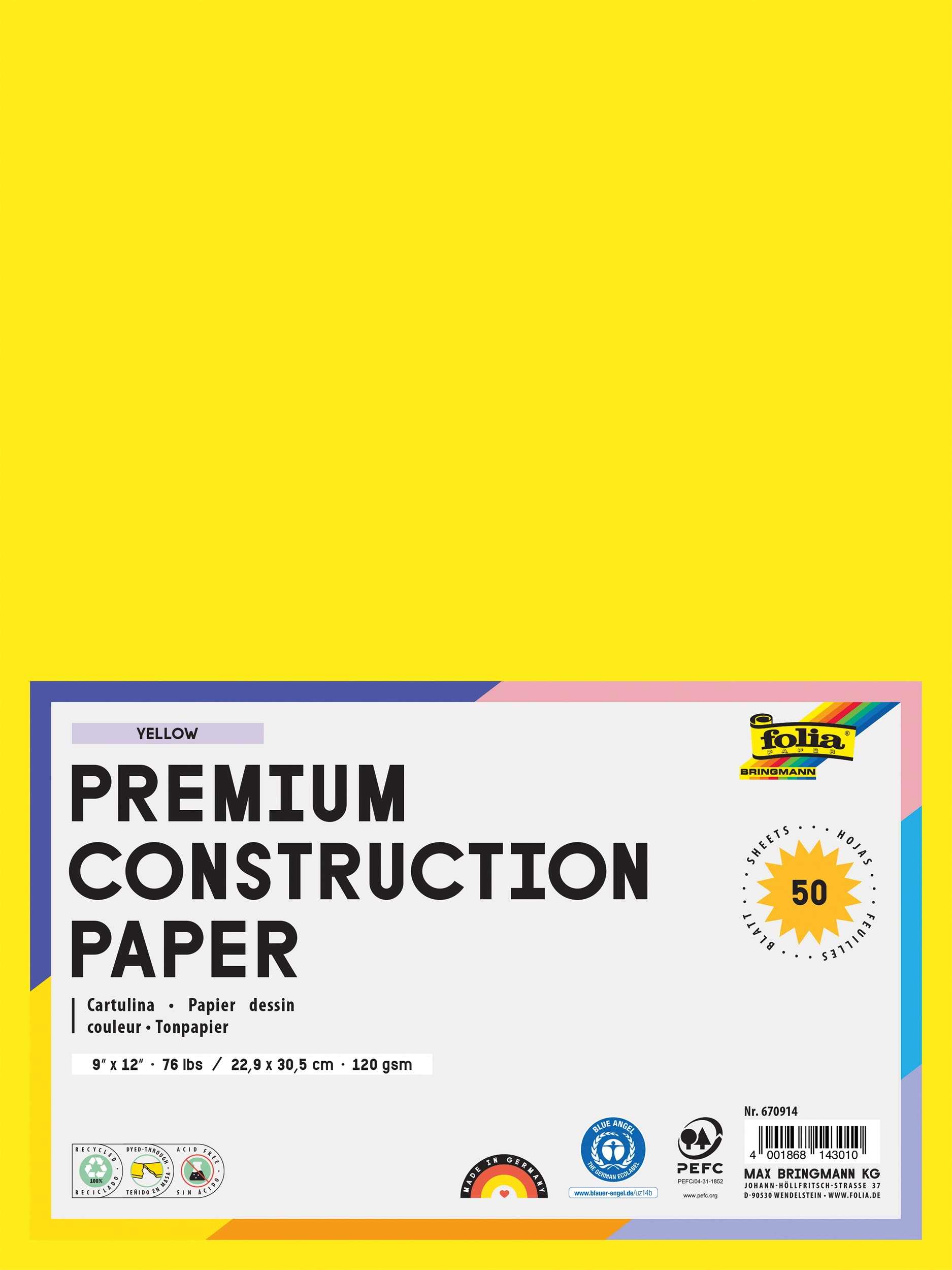 Tonpapier, Bananengelb, 22,9 x 30,5 cm, 120 g/m², 50 Blatt