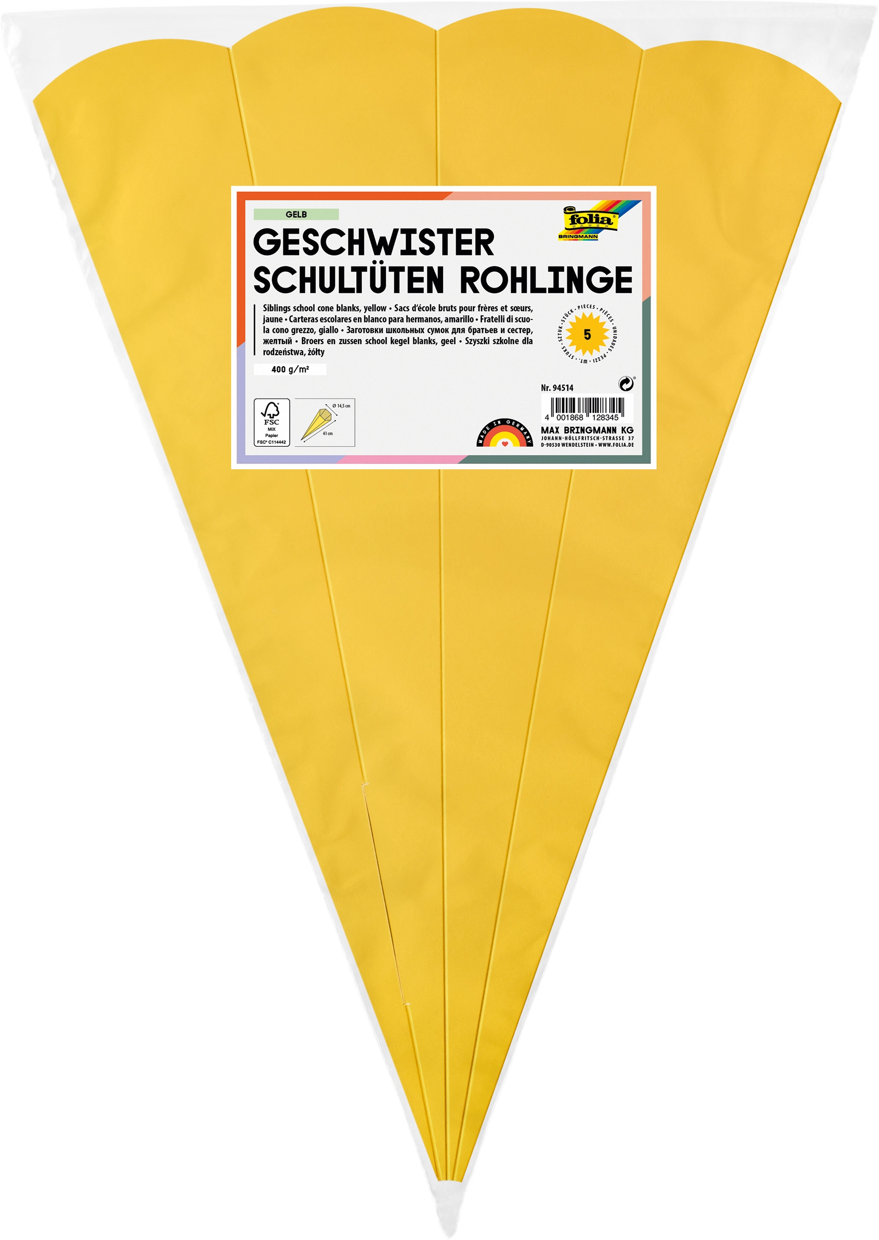 Geschwister Schultüten-Rohlinge, Gelb, 400 g/m², 41 cm, Ø 14,5 cm, 5 Stück