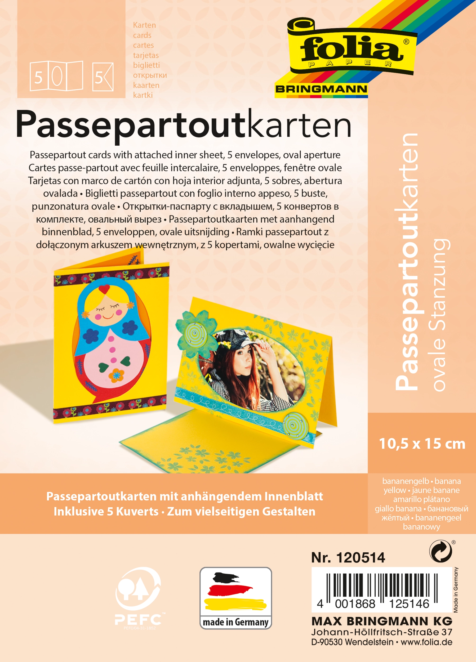 Passepartoutkarten, Bananengelb, Oval, 10,5 x 15,0 cm, 130 g/m², 220 g/m² , 5 Stück