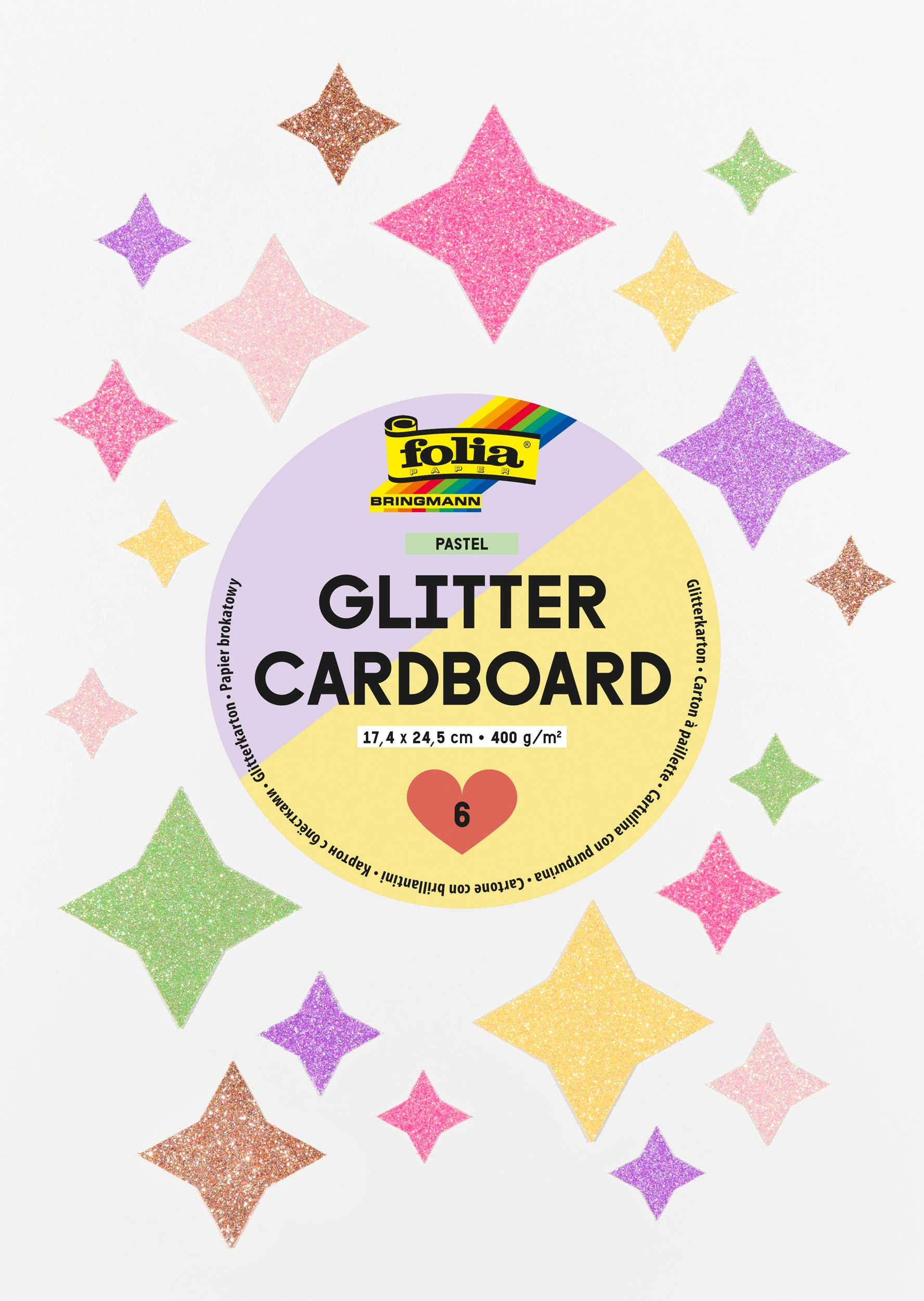 Glitter Cardboard Pad, Pastel , 17,4 x 24,5 cm, 300 g/m², 6 sheets