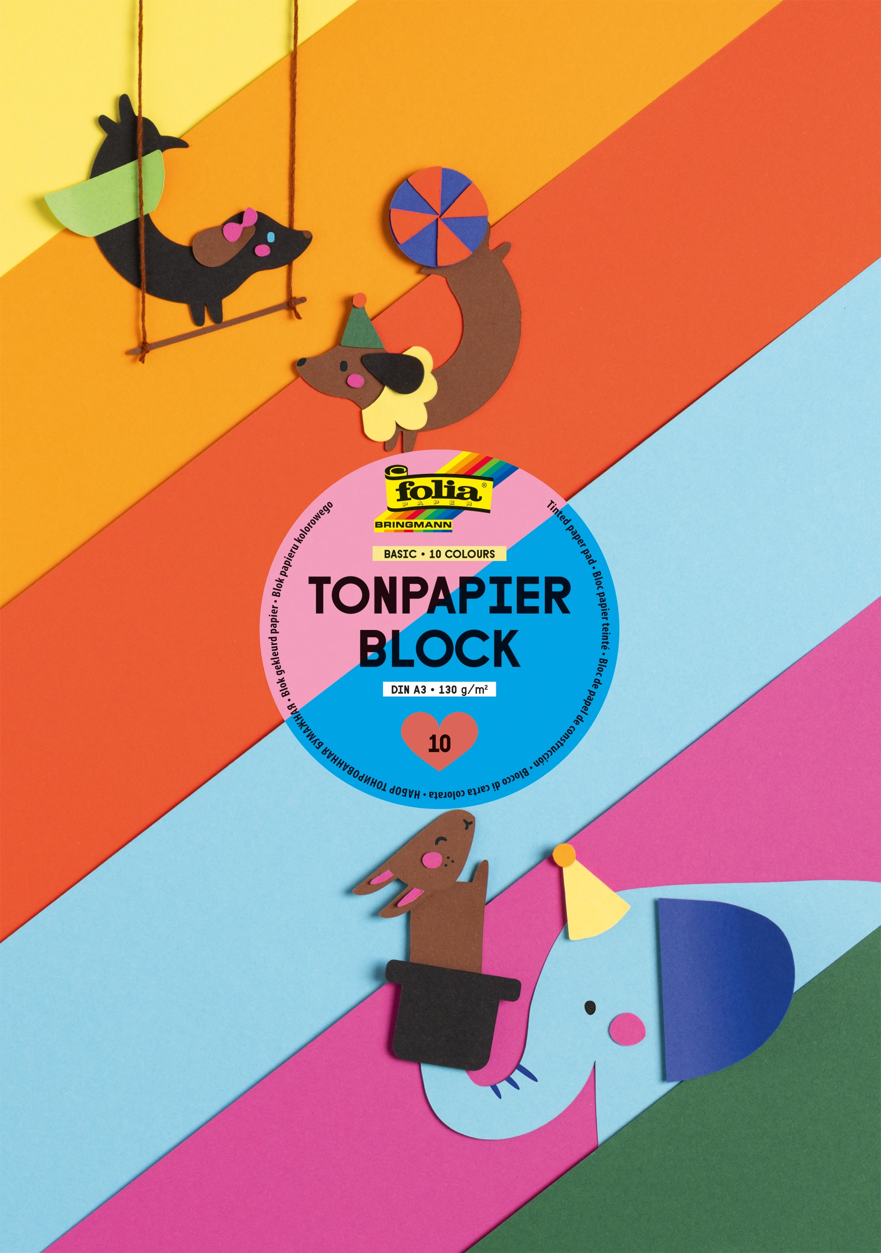 Tonpapierblock, Basic, 10 Farben, DIN A3, 130 g/m², 10 Blatt
