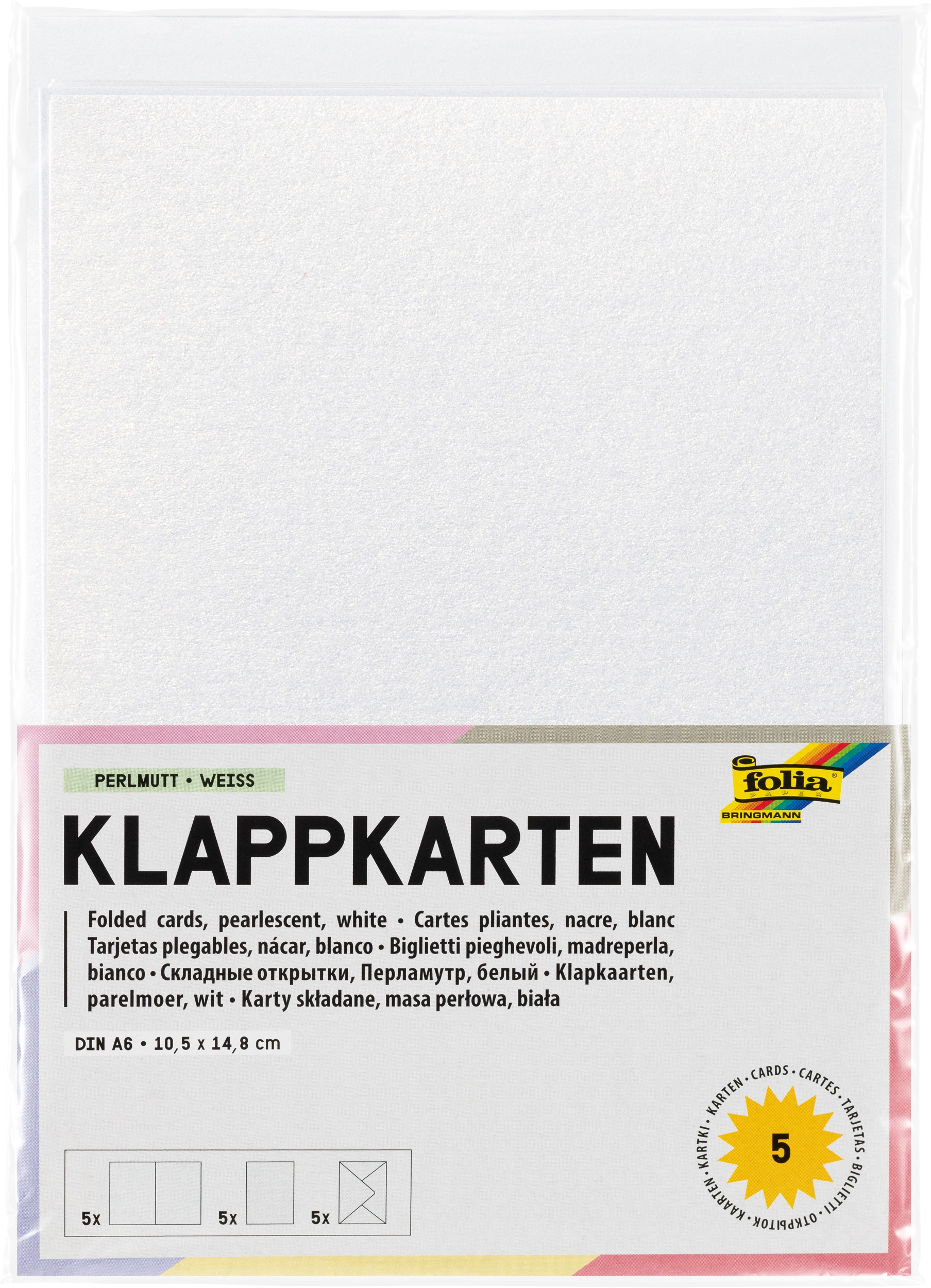 Klappkarten, Perlmutt, Weiß, 10,5 x 15,0 cm, 120 g/m², 250 g/m²  , 5 Stück