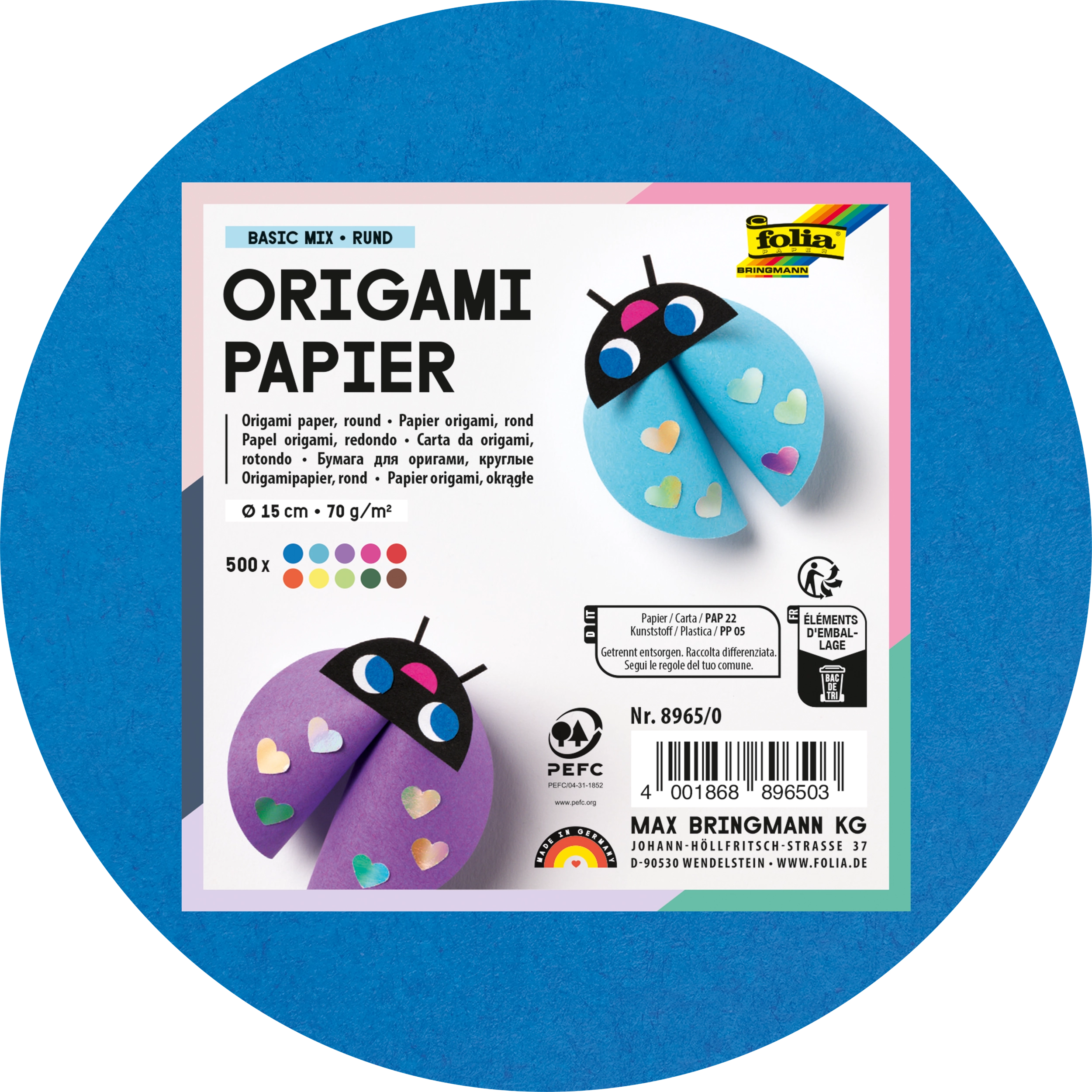 Origamipapier, Basic Mix, Rund, 70 g/m², 500 Blatt