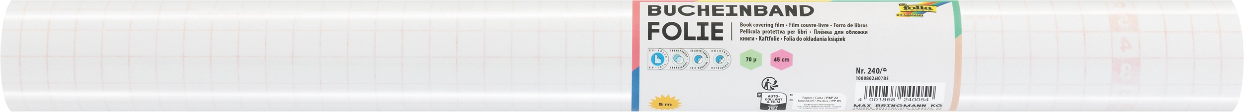 Book Covering Film, Transparent, Self-Adhesive, 45 cm x 5 m, 1 roll