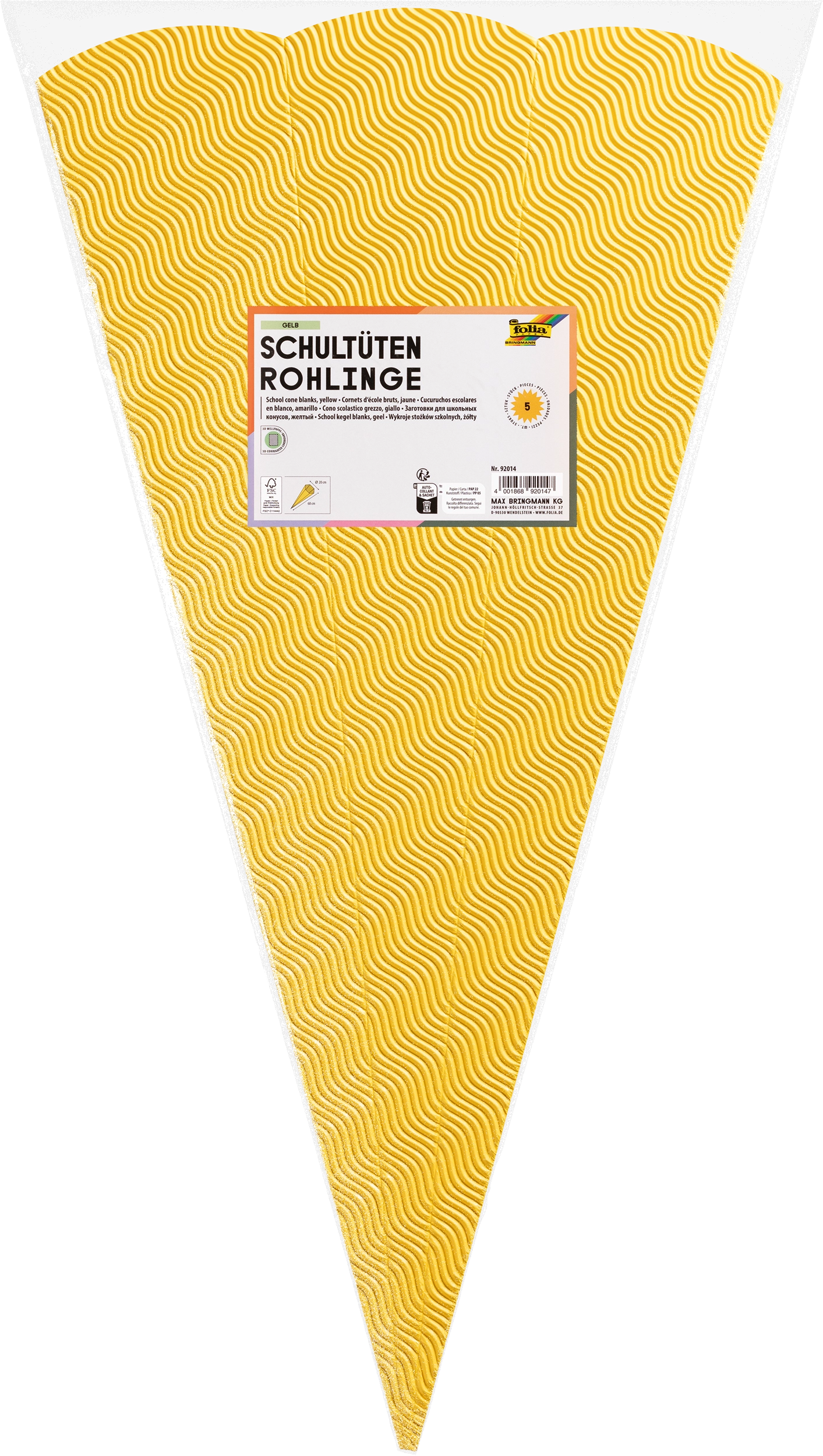 Schultüten-Rohlinge aus 3D-Welle, Gelb, 68 cm, 5 Stück
