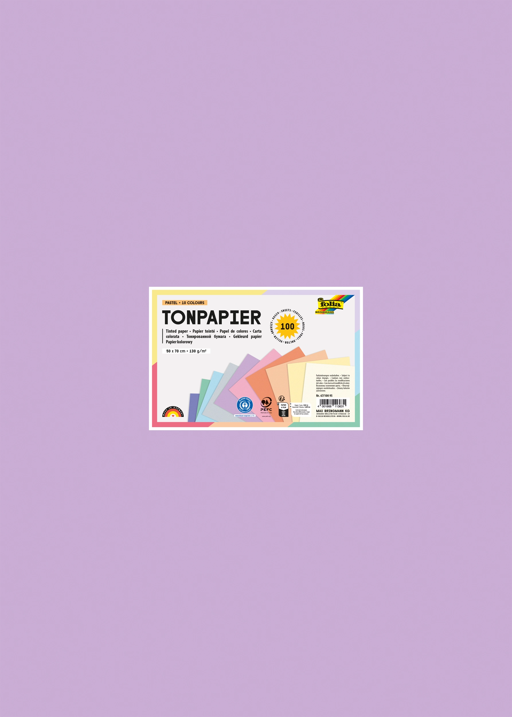 Tonpapier, Pastell, 10 Farben, 50 x 70 cm, 130 g/m², 100 Blatt