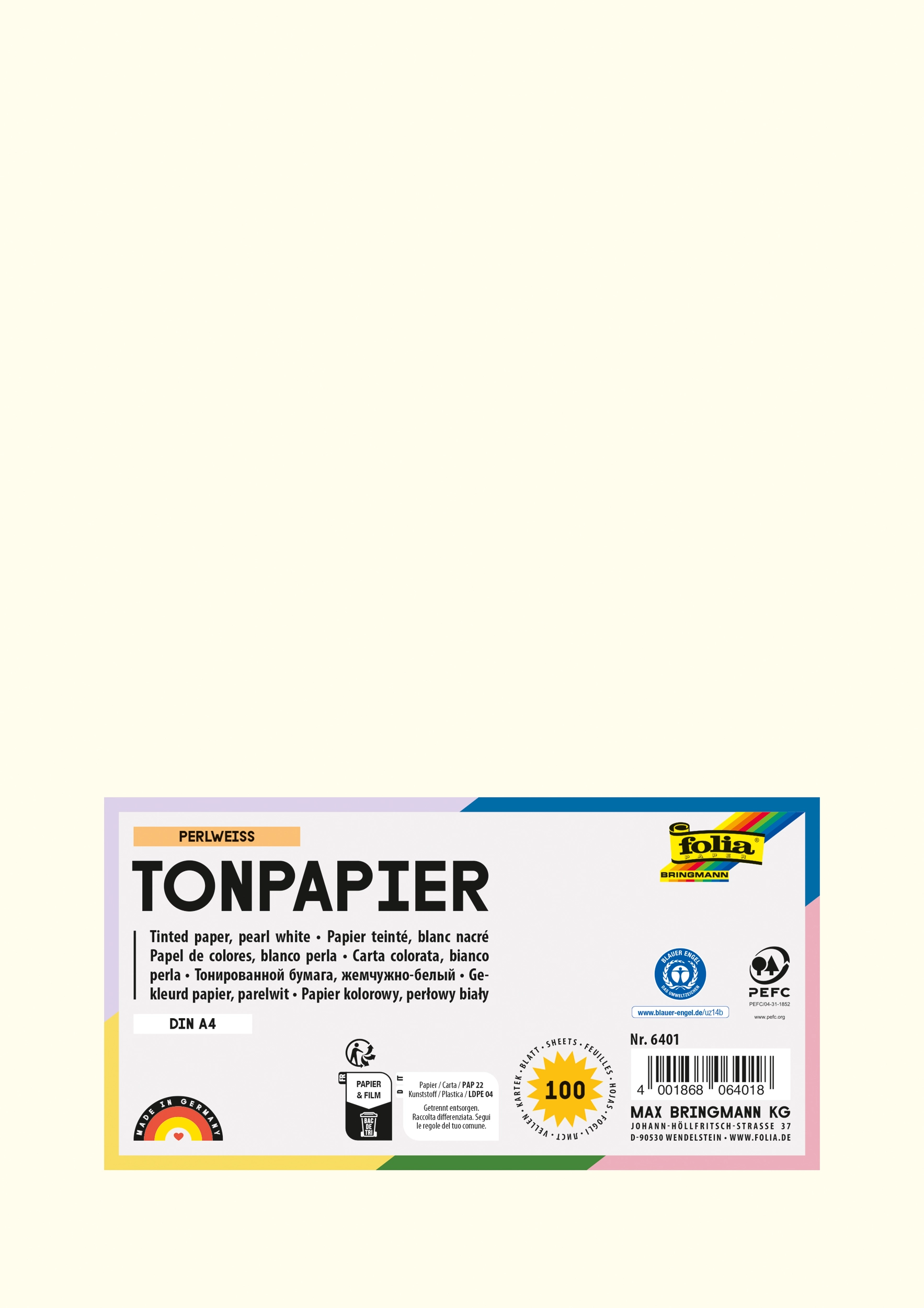 Tonpapier, Perlweiß, DIN A4, 130 g/m², 100 Blatt