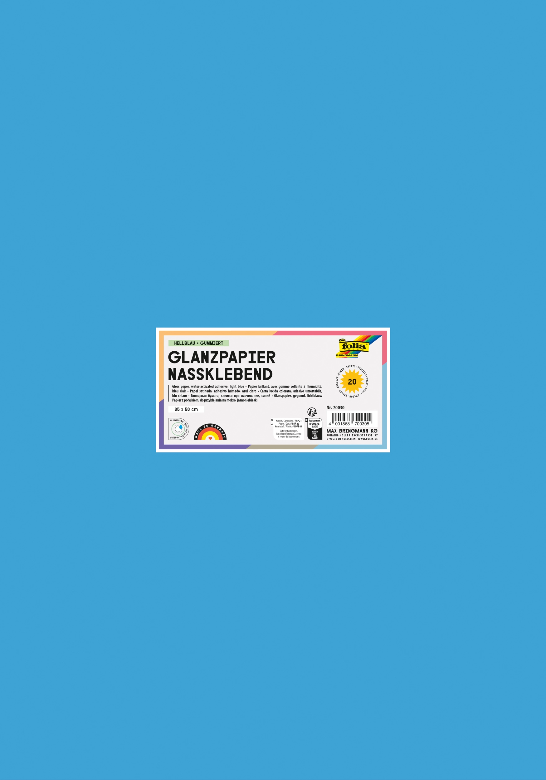 Glanzpapier Nassklebend, Hellblau, Gummiert, 35 x 50 cm, 80 g/m², 20 Blatt