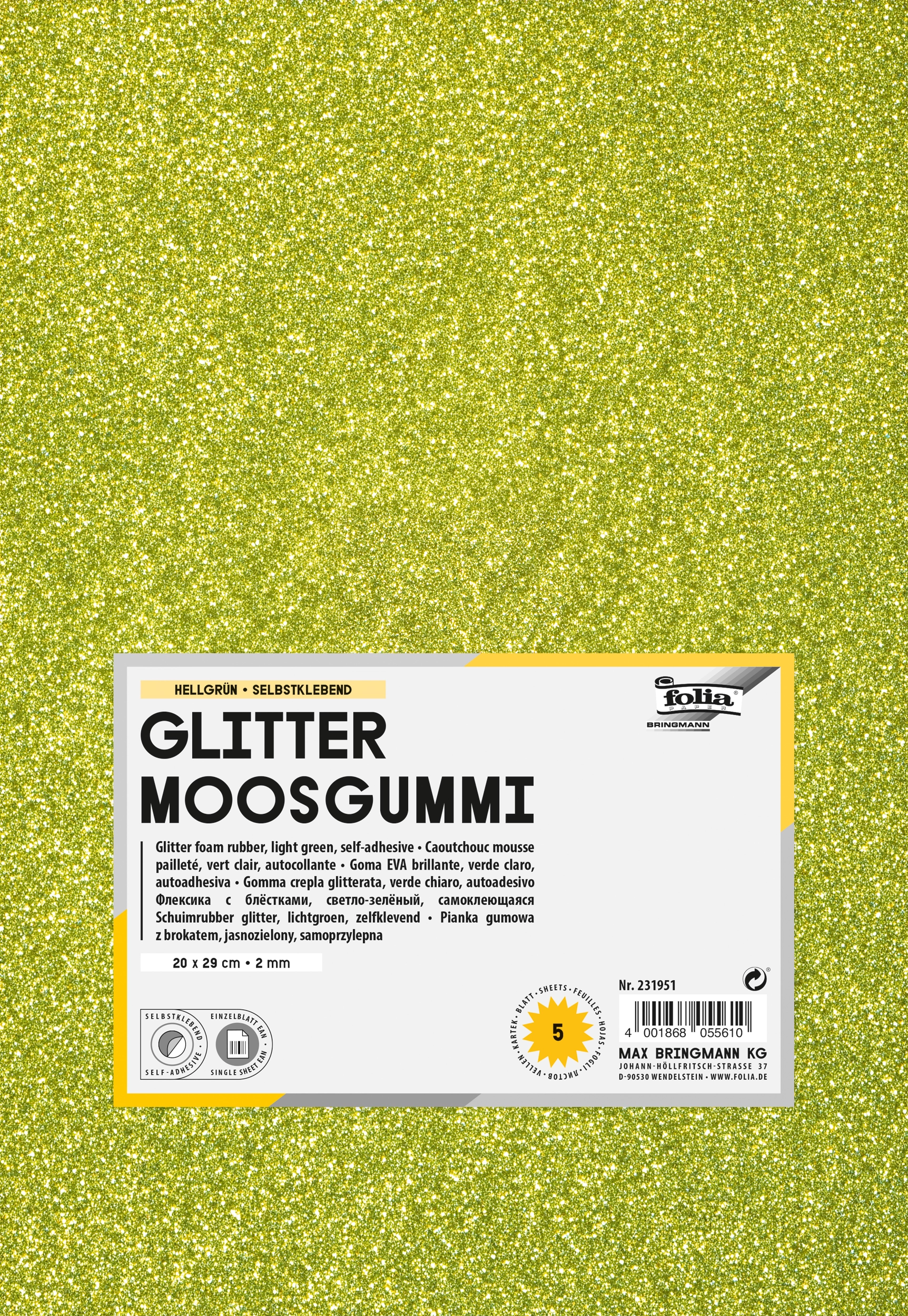Glitter Moosgummi , Hellgrün, selbstklebend, 20 x 29 cm, 5 Blatt