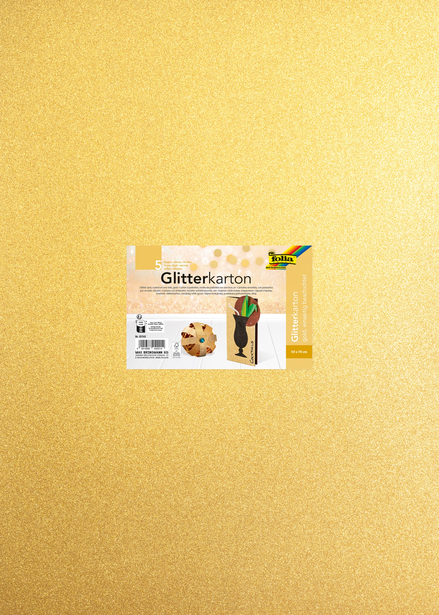 Glitter Cardboard, Gold, 50 x 70 cm, 300 g/m², 5 sheets