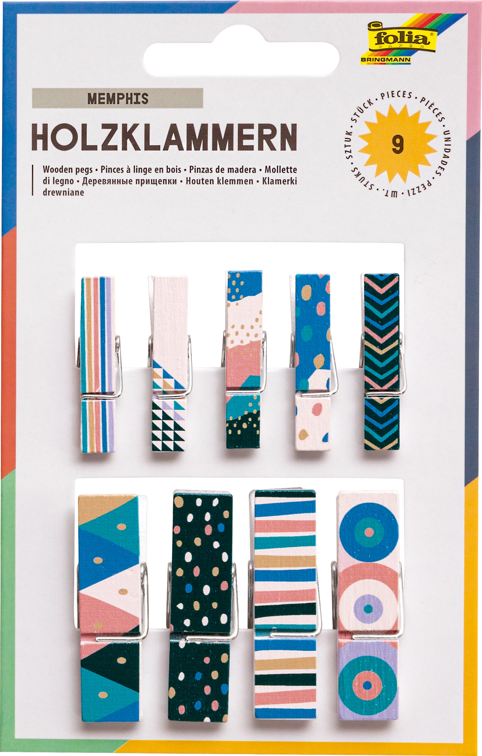Holzklammern, Memphis, 9 Stück