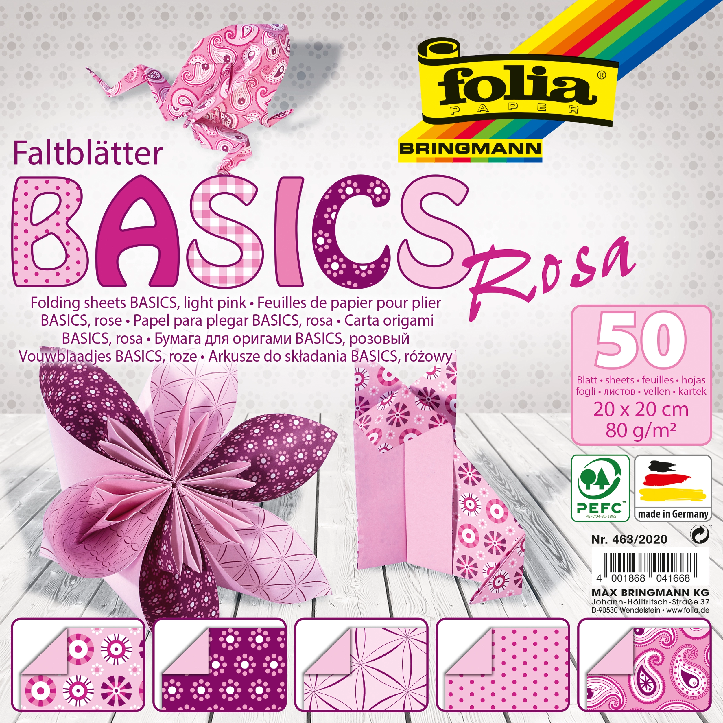 Origamipapier, Basics, Rosa, 20 x 20 cm, 80 g/m², 50 Blatt