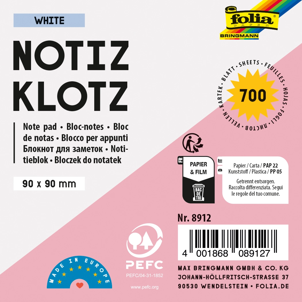 Notizklotz, Weiß, 9 x 9 cm, > 700 Blatt