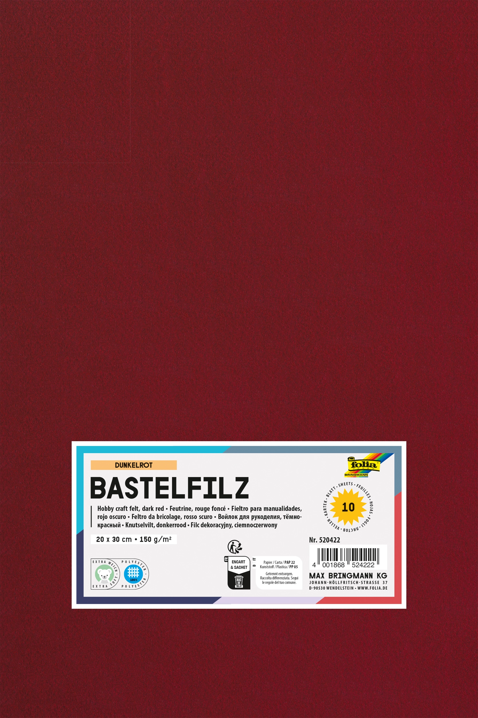 Bastelfilz, Dunkelrot, 20 x 30 cm, 150 g/m², 10 Blatt