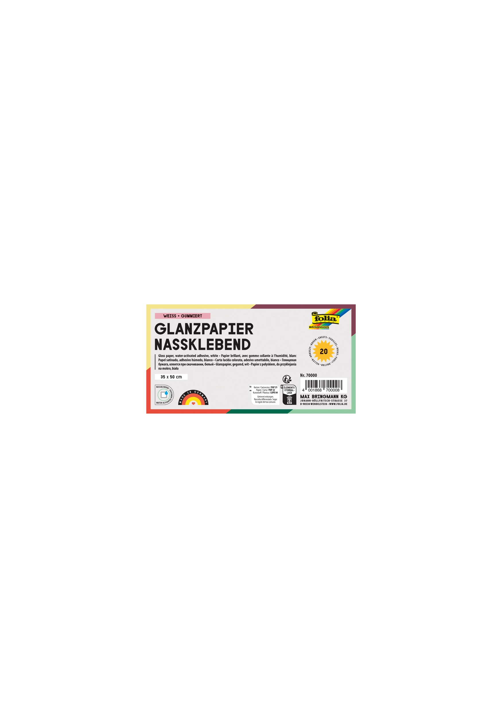 Glanzpapier Nassklebend, Weiß, Gummiert, 35 x 50 cm, 80 g/m², 20 Blatt