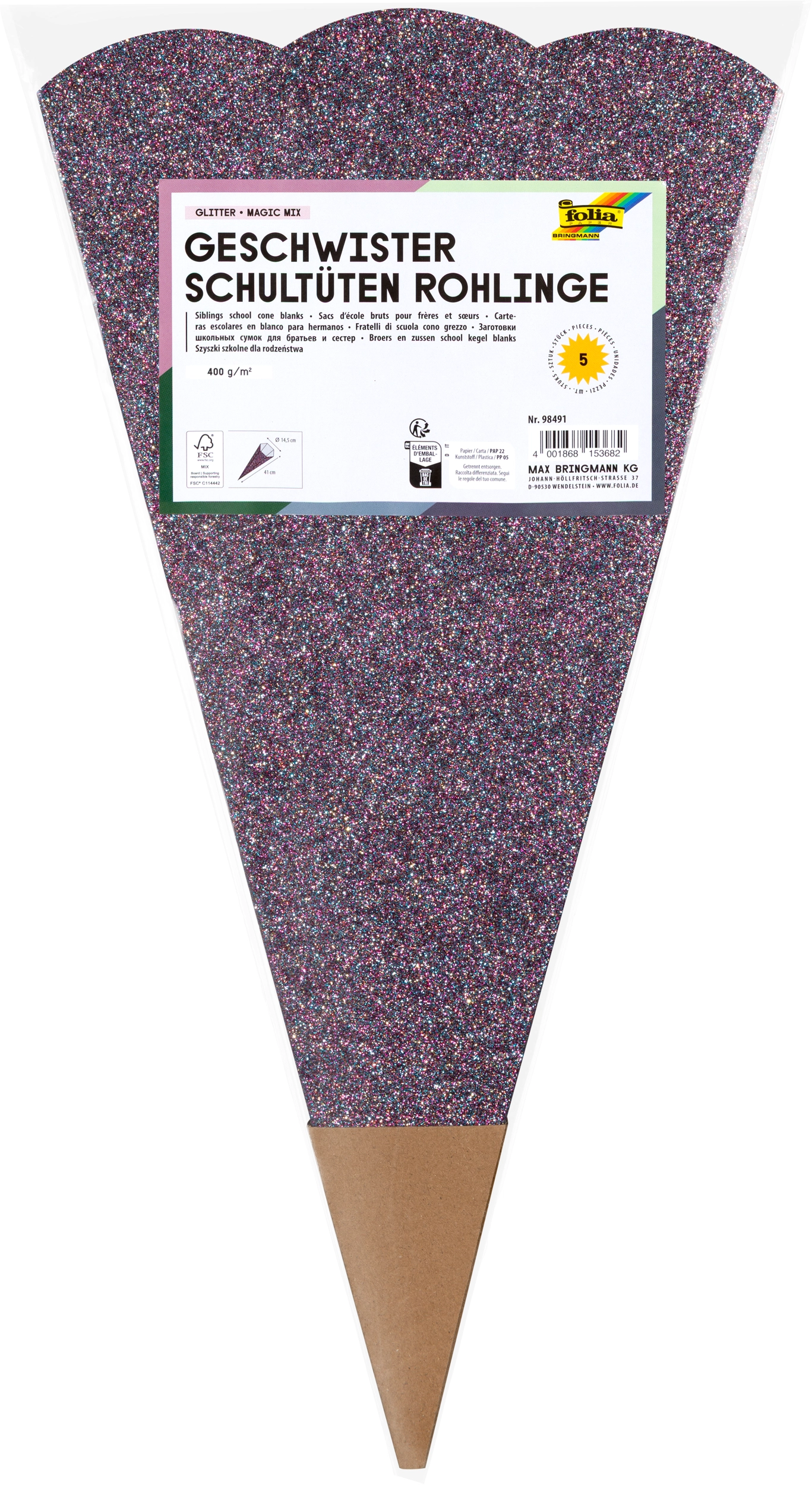 Geschwister Schultüten-Rohlinge, Glitter, Magic Mix, 400 g/m², 1 Stück