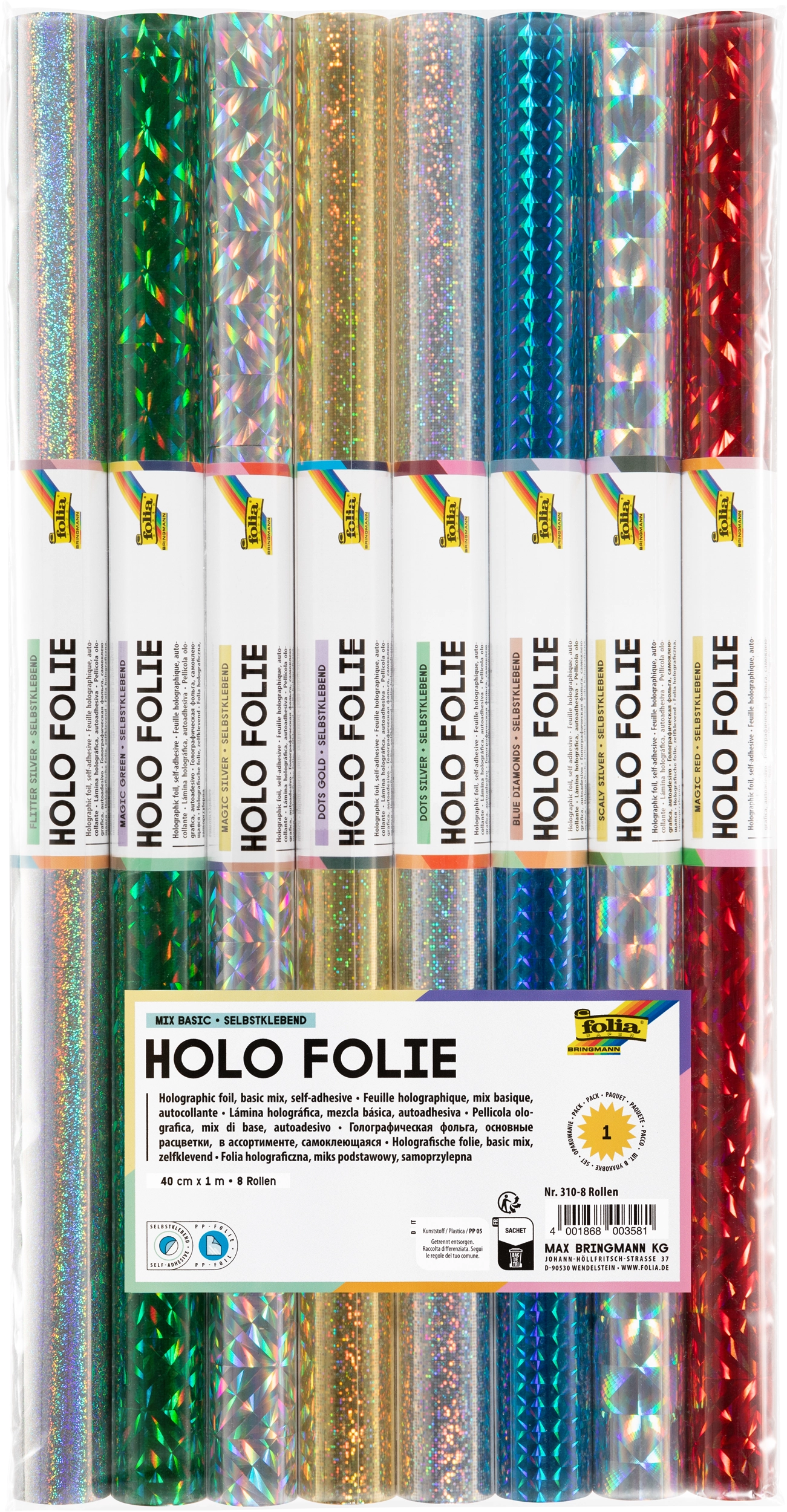 Holographic Foil, Assorted Colours, Self-Adhesive, 40 cm x 1 m, 8 rolls