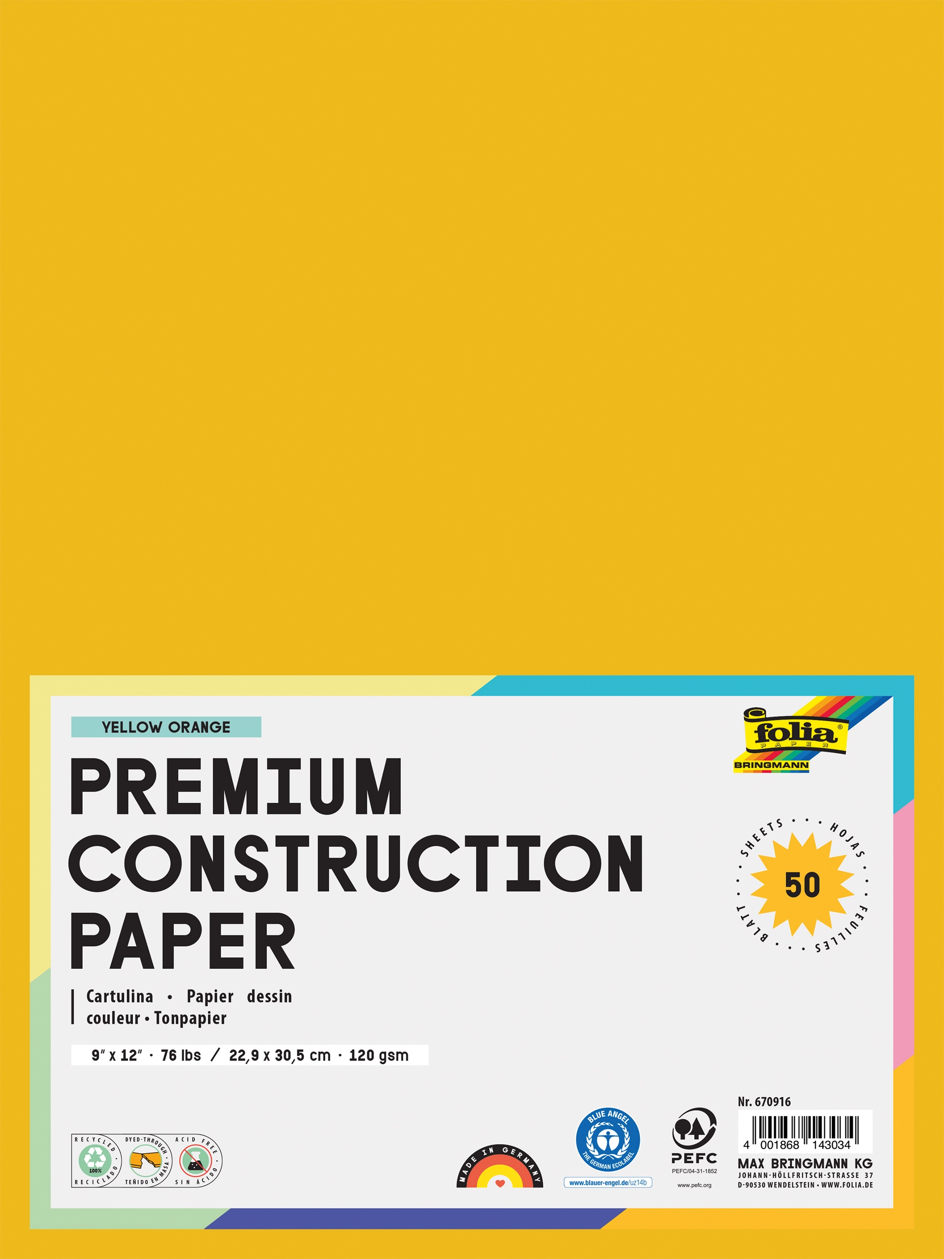 Tonpapier, Dunkelgelb, 22,9 x 30,5 cm, 120 g/m², 50 Blatt