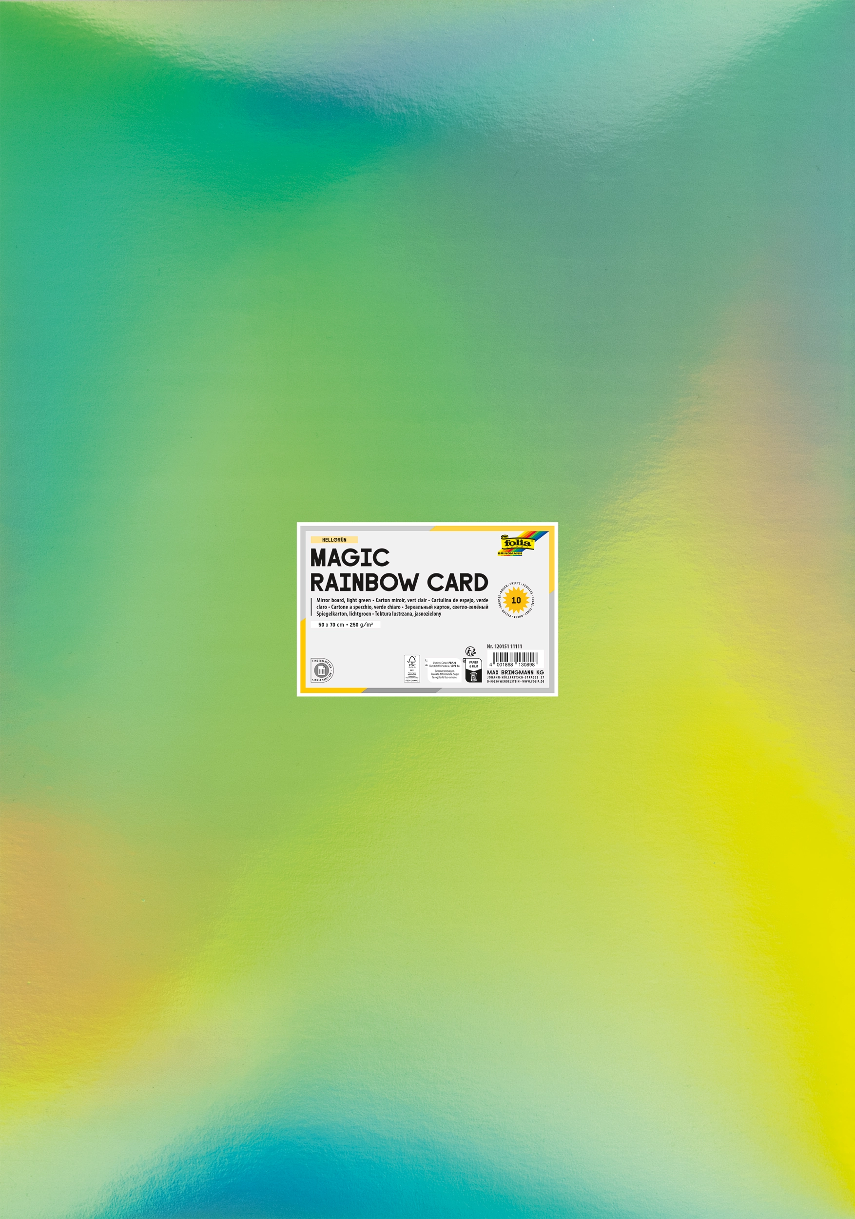 Magic Rainbow Card, Light Green, Iridescent, 50 x 70 cm, 250 g/m², 10 sheets, with individual EAN