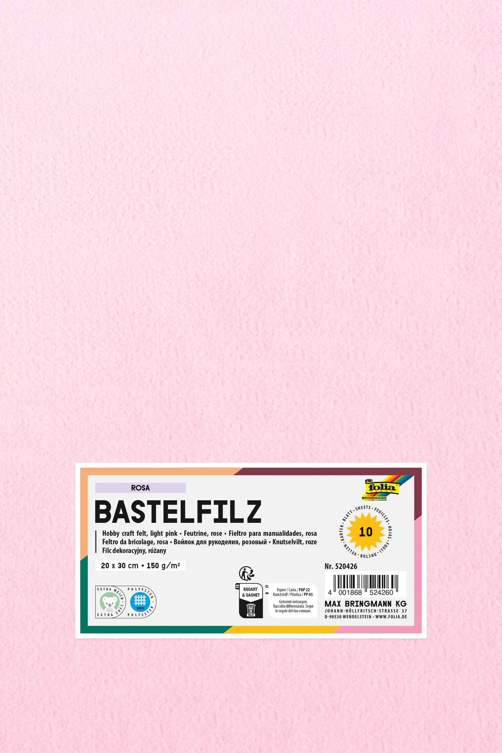 Bastelfilz, Rosa, 20 x 30 cm, 150 g/m², 10 Blatt